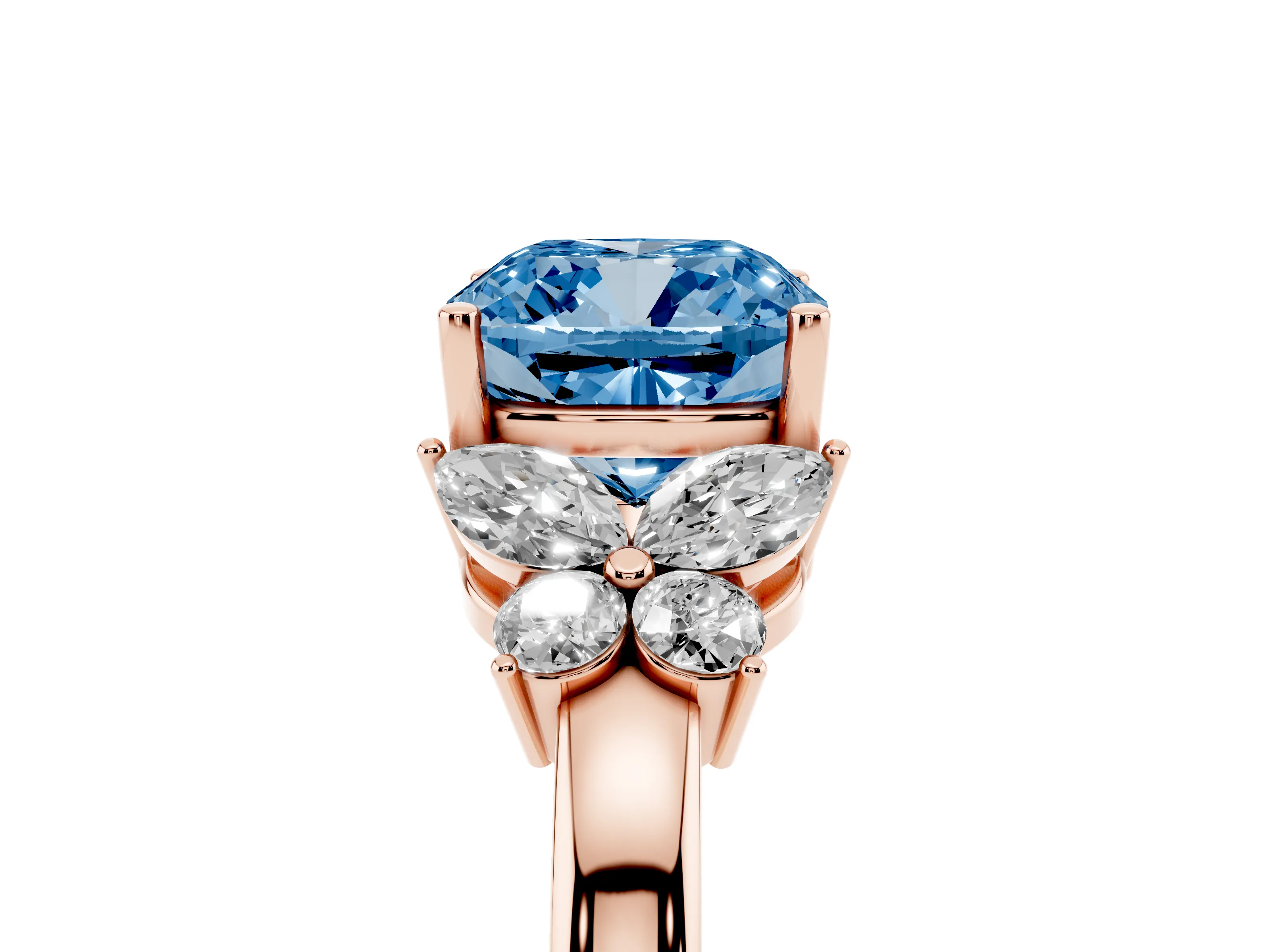 Fancy Blue Cushion Cut Diamond Solitaire Floral Ring Set in Rose gold with Marquise Petals and Prong Setting