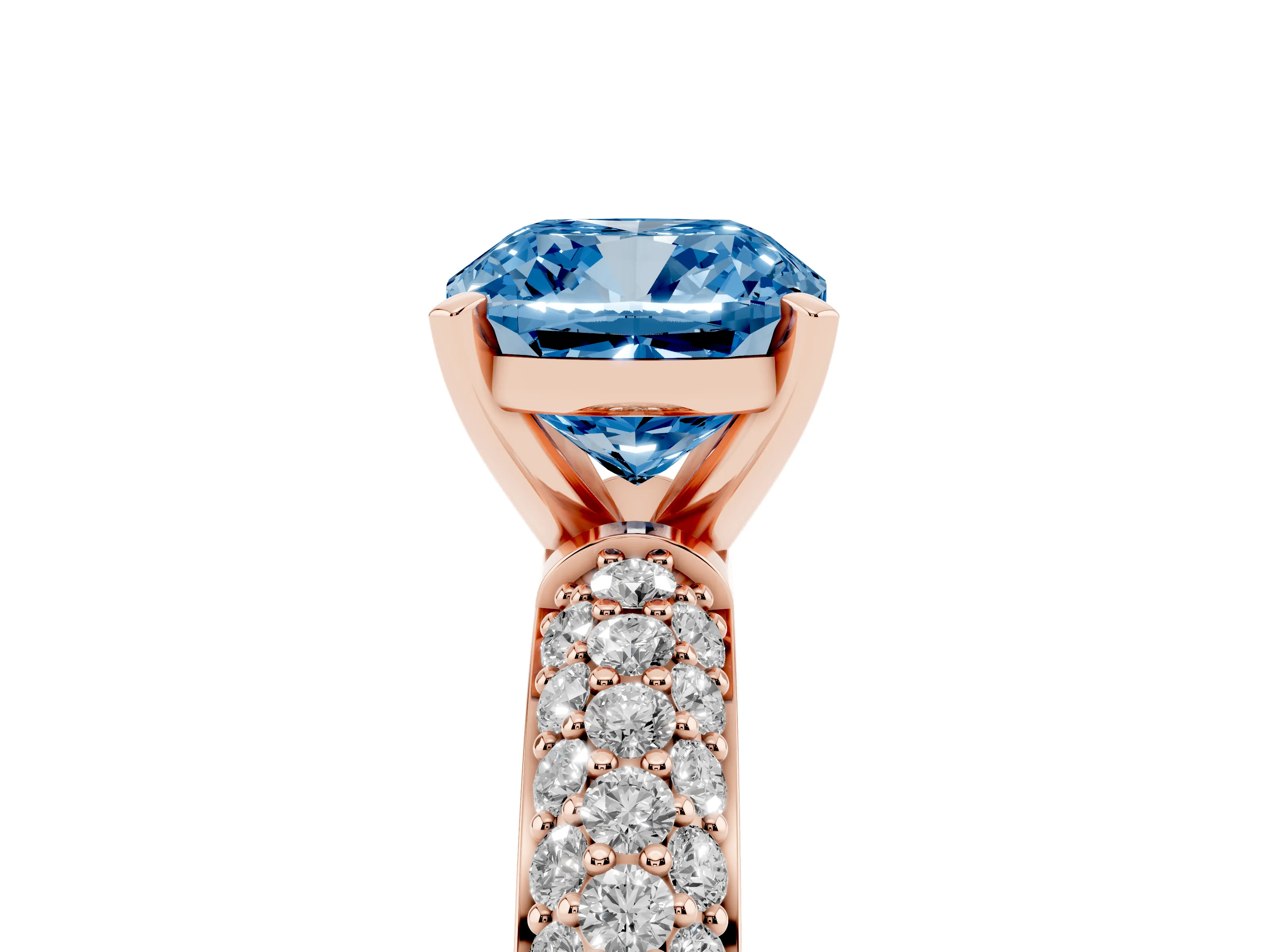 Fancy Blue Cushion Cut Diamond Solitaire Ring Set in Rose gold with Prong Setting and Pavé-Set Band