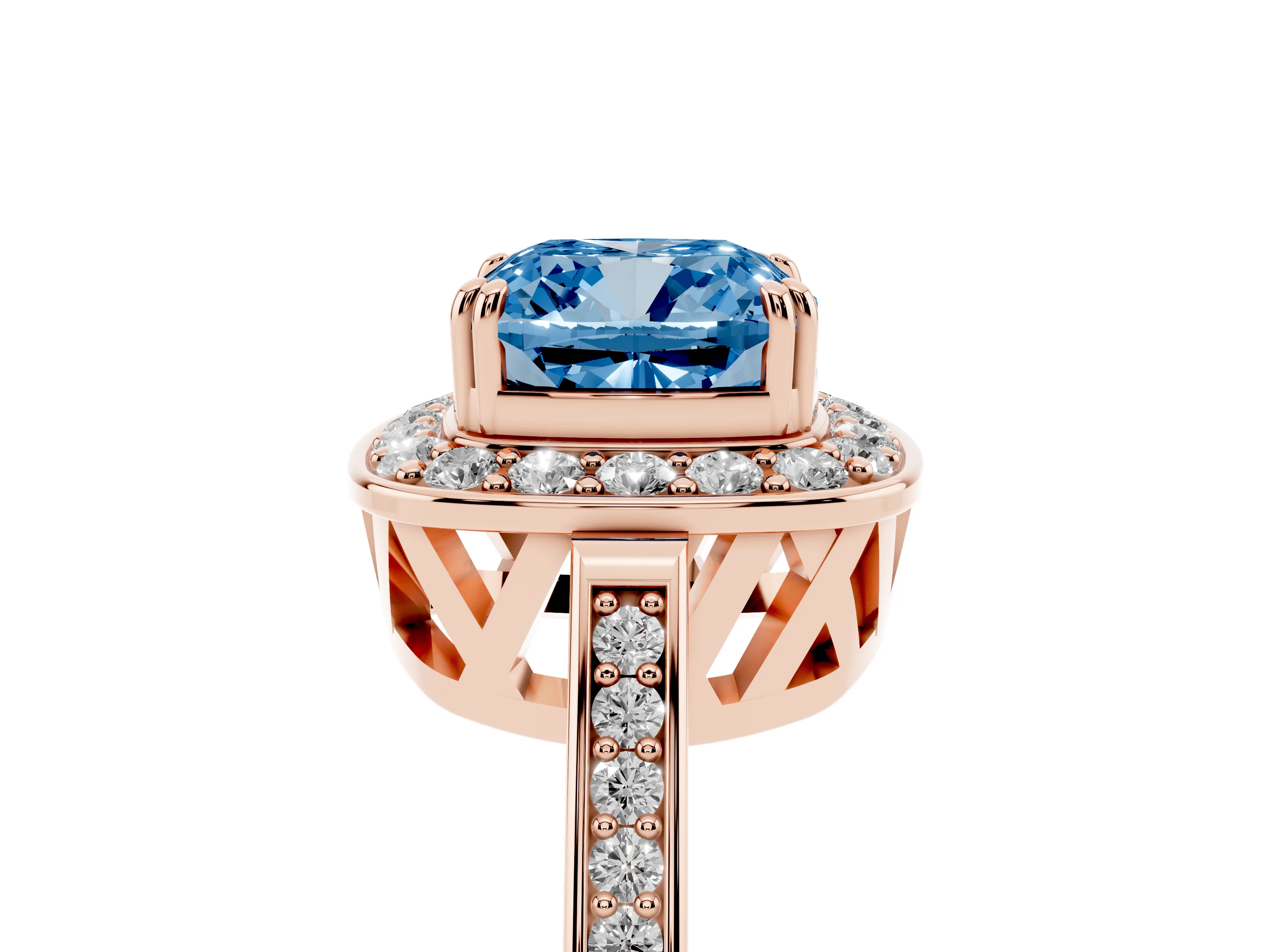 Fancy Blue Cushion Cut Diamond Halo Ring Set in Rose gold with Accent-Lined Split Shank and Prong Setting