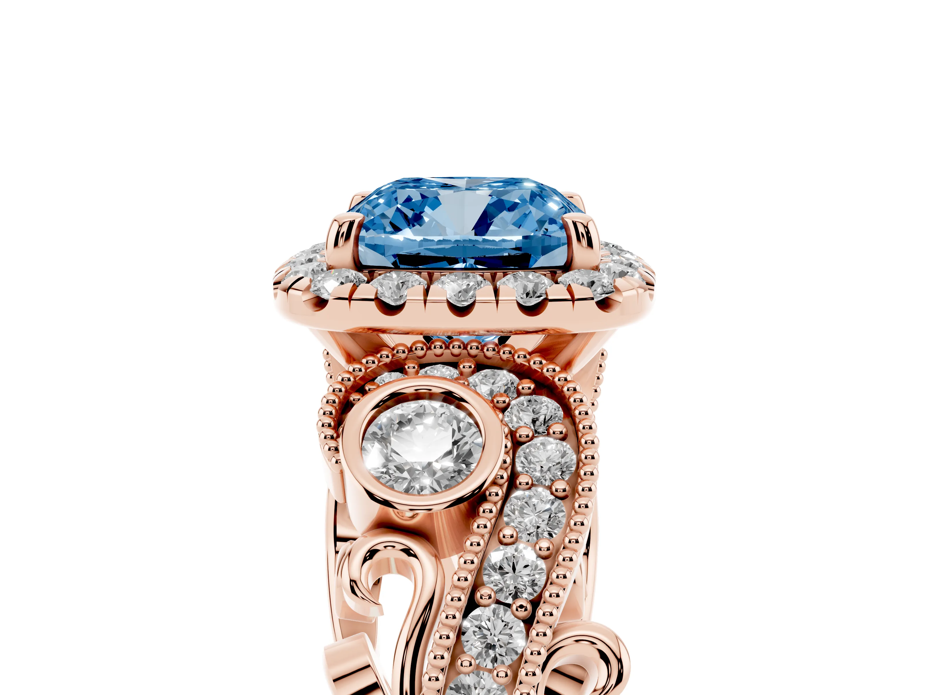 Fancy Blue Cushion Cut Diamond Halo Ring Set in Rose gold with Milgrain Pavé Band and Prong Setting