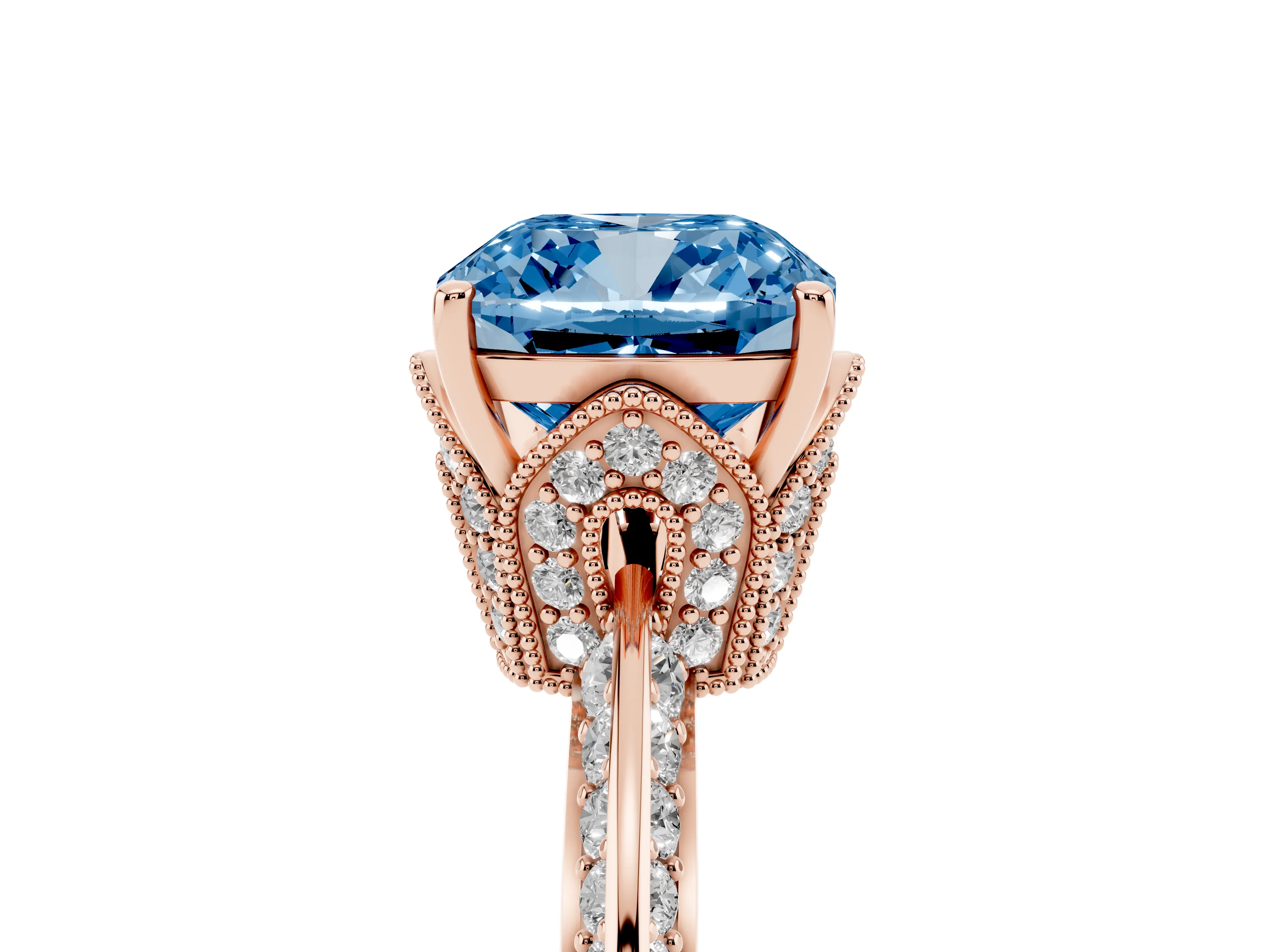 Fancy Blue Cushion Cut Diamond Solitaire Engagement Ring Set in Rose gold with Pavé Split Shank and Prong Setting