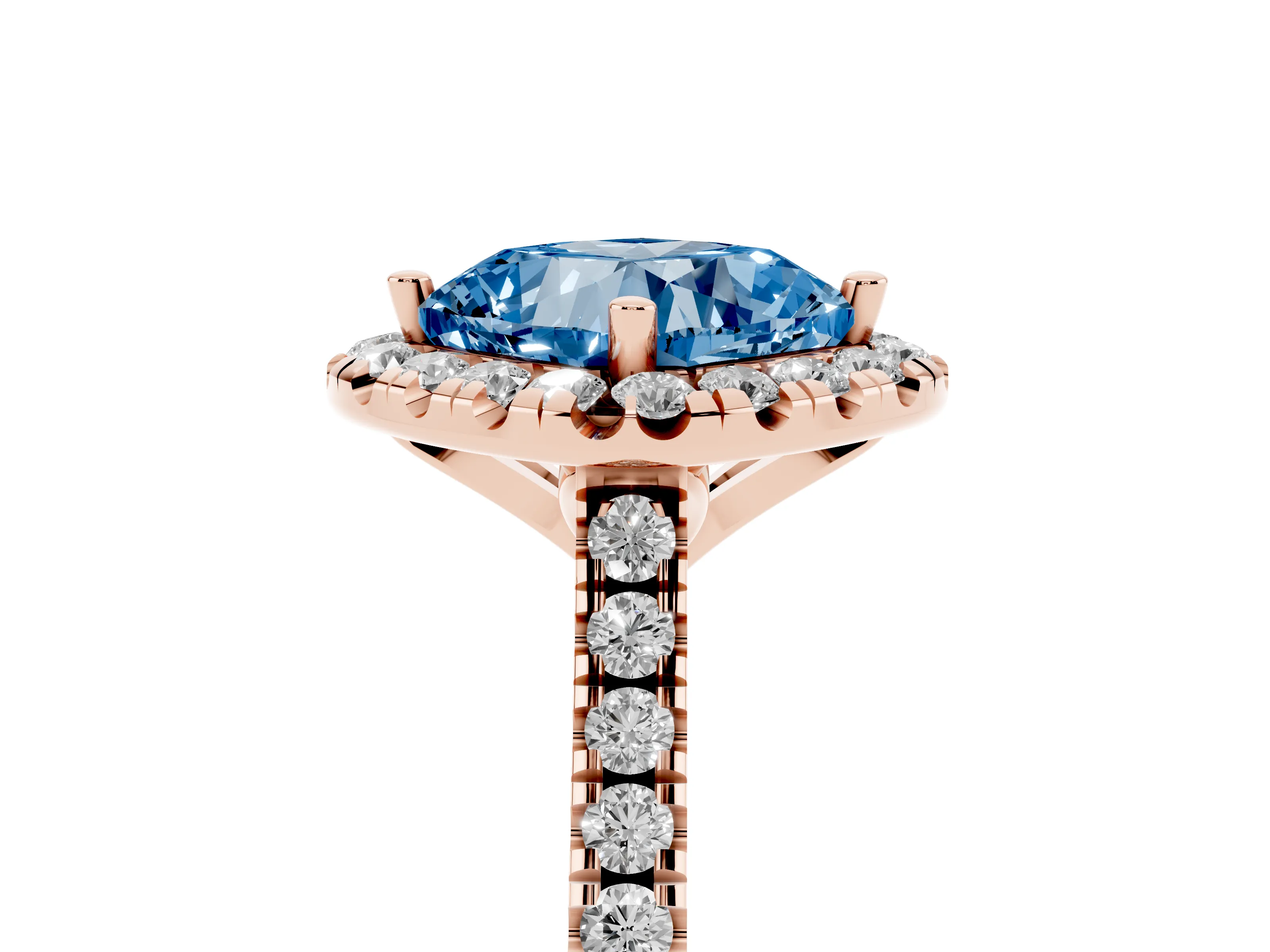 Fancy Blue Cushion Cut Diamond Cushion Halo Ring Set in Rose gold with Pavé Band