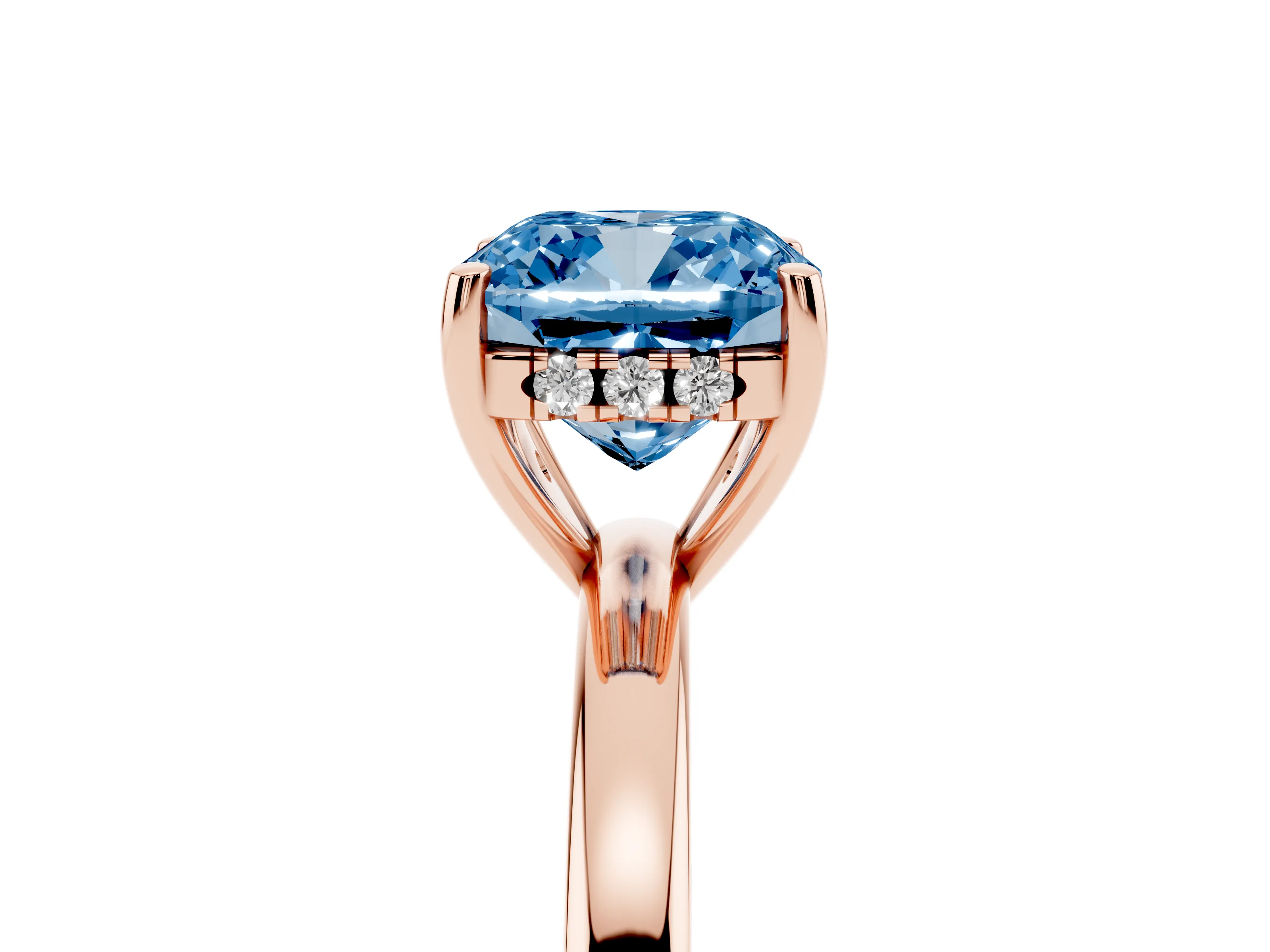 Fancy Blue Cushion Cut Diamond Solitaire Ring Set in Rose gold with Plain Band and Prong Setting