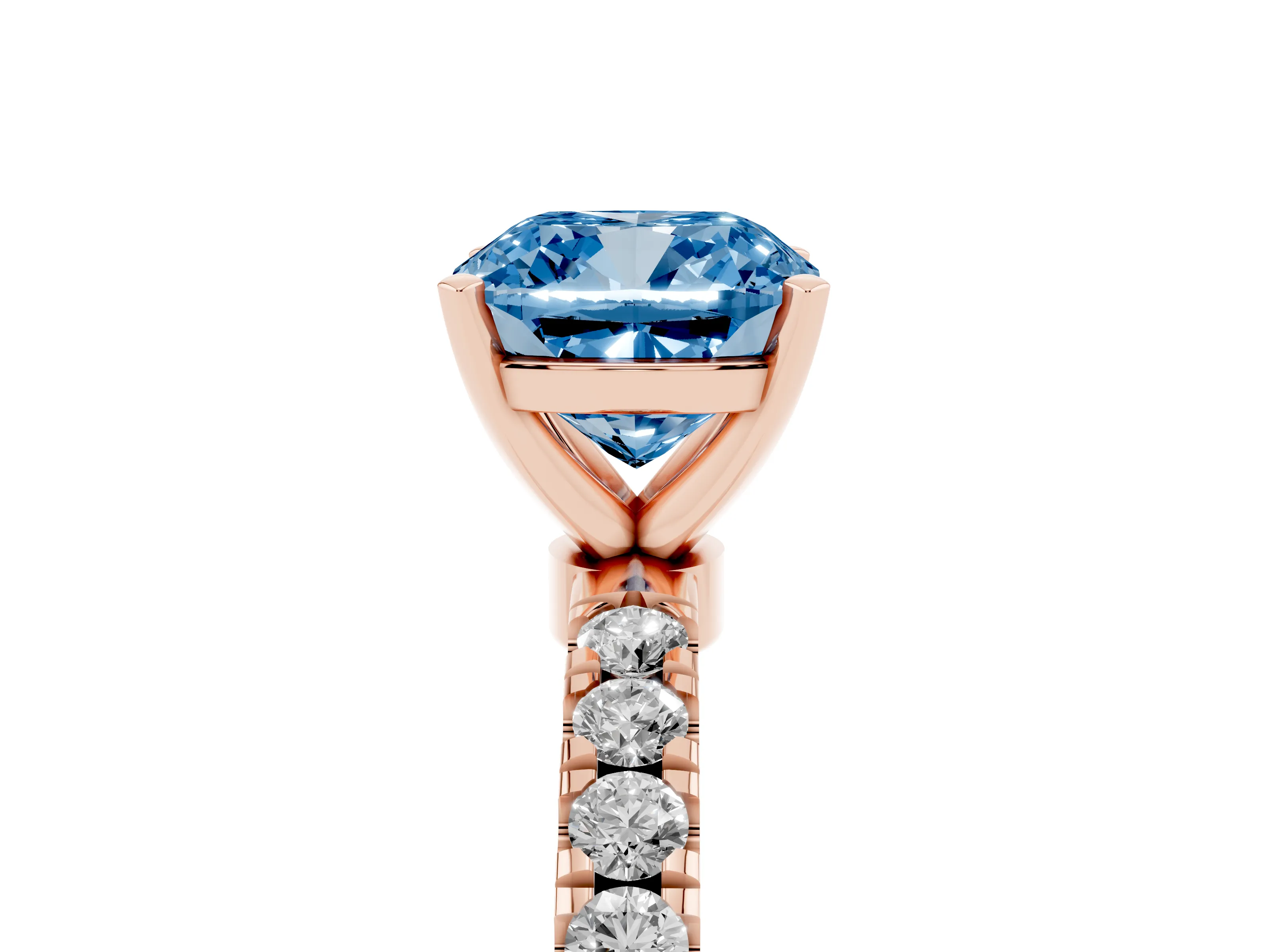 Fancy Blue Cushion Cut Diamond Solitaire Ring Set in Rose gold with Pavé Accents and Prong Setting