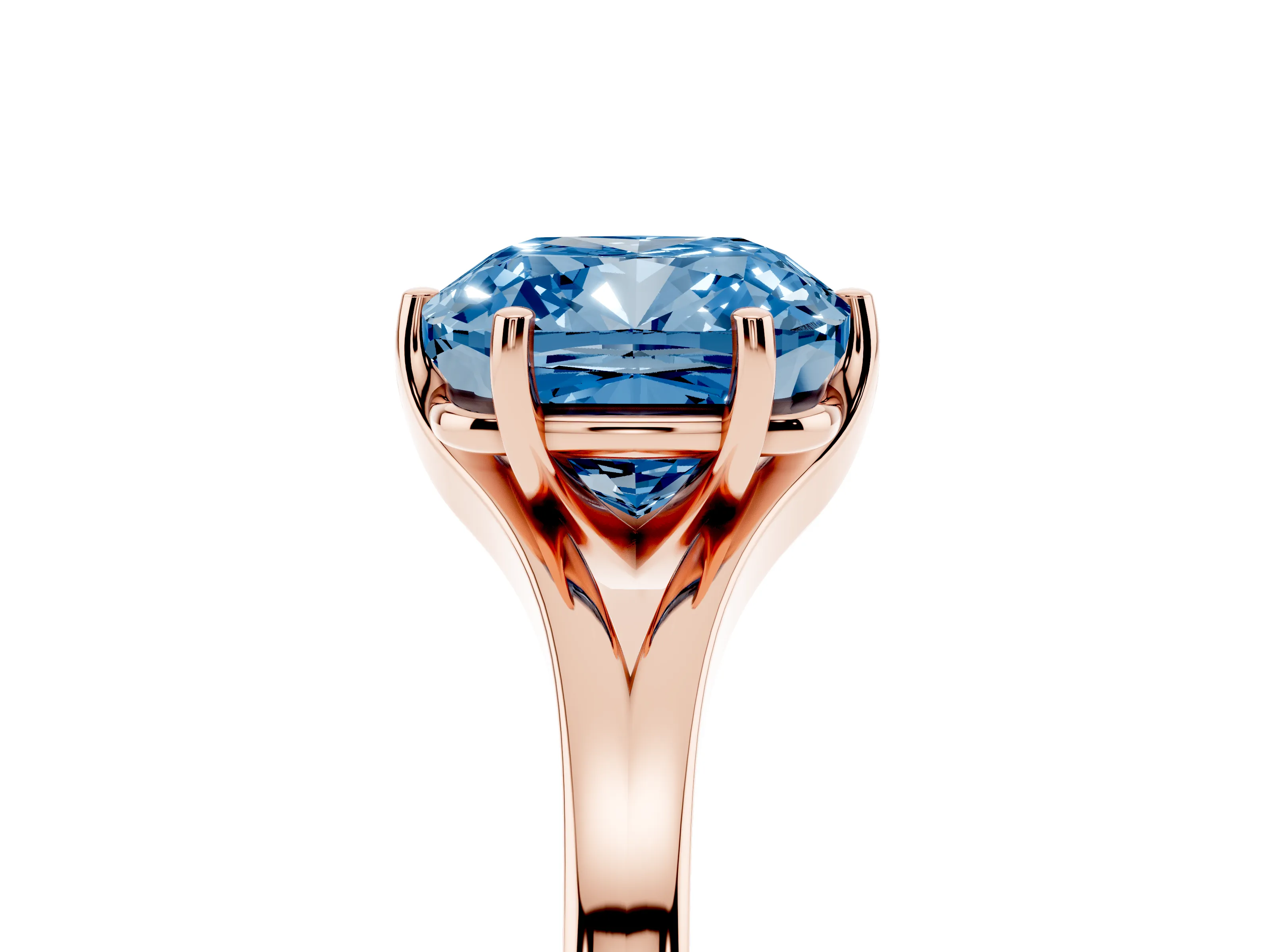 Fancy Blue Cushion Cut Diamond Solitaire Ring Set in Rose gold with Polished Tapered Band and Prong Setting