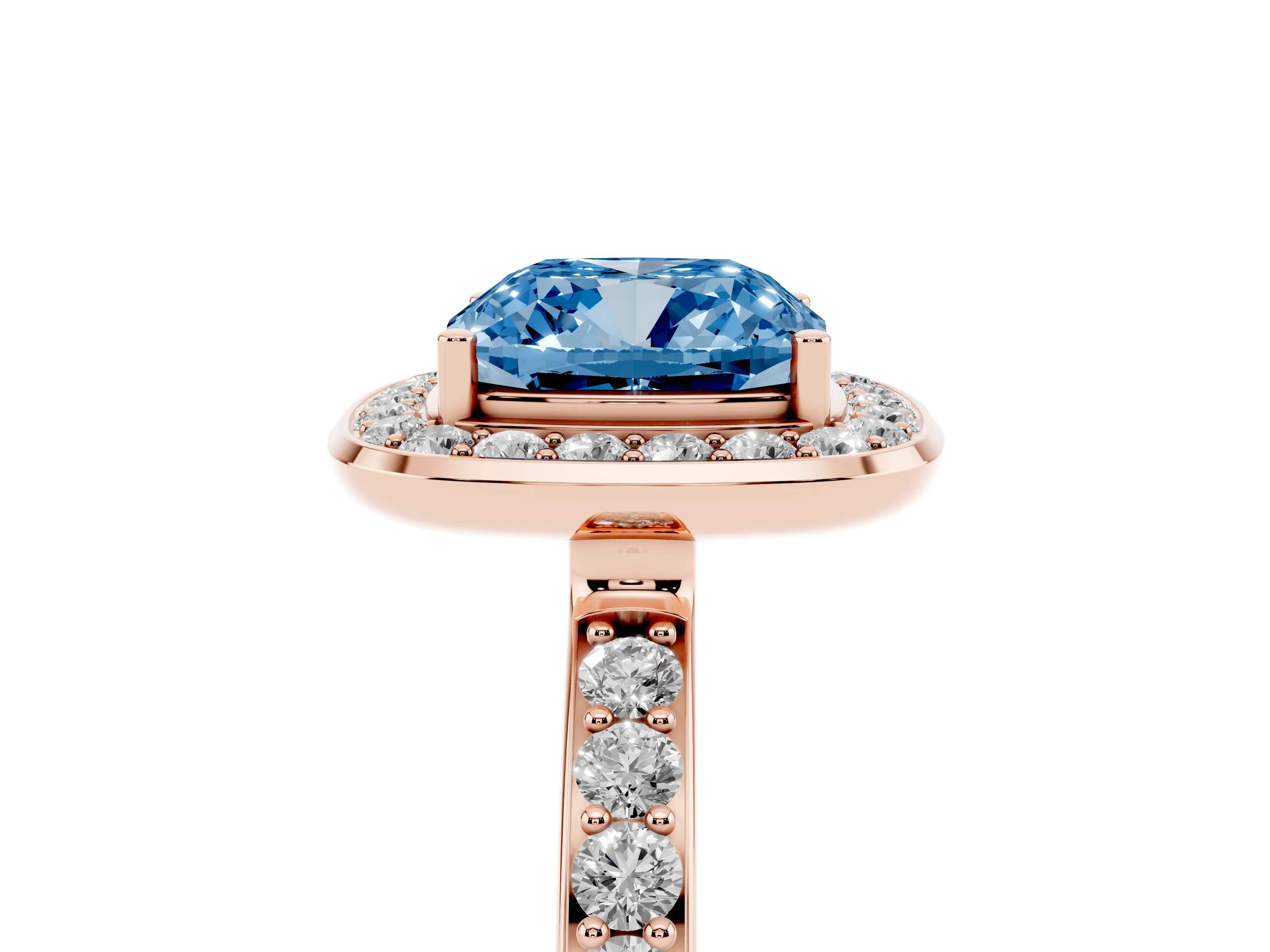 Fancy Blue Cushion Cut Diamond Halo Ring Set in Rose gold with Bezel Frame and Pavé Band