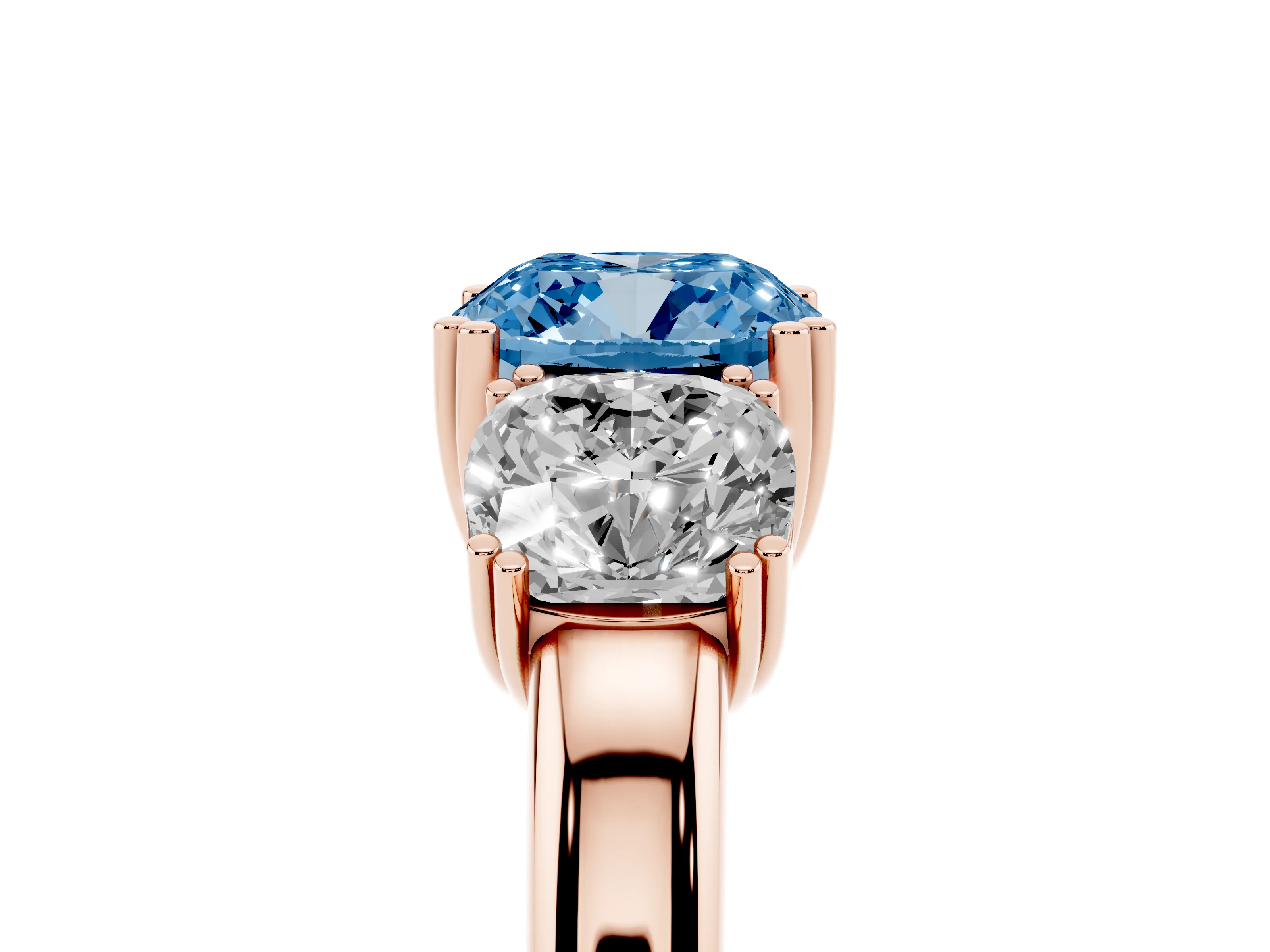 Fancy Blue Cushion Cut Diamond Three-Stone Ring Set in Rose gold with Polished Band and Prong Setting