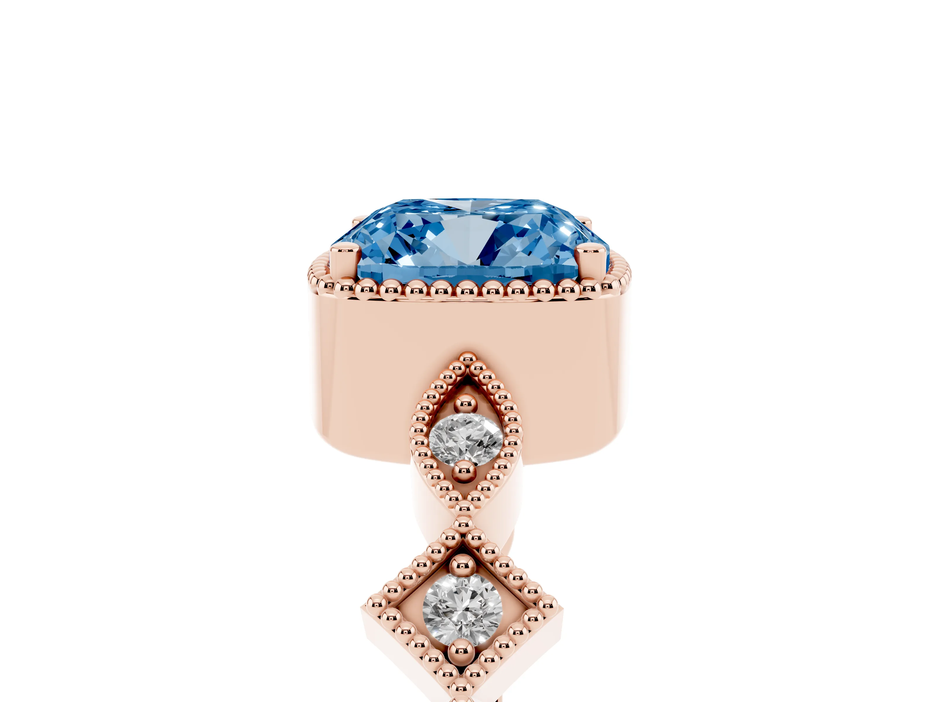 Fancy Blue Cushion Cut Diamond Milgrain Marquise Twist Band Ring Set in Rose gold with Prong Setting