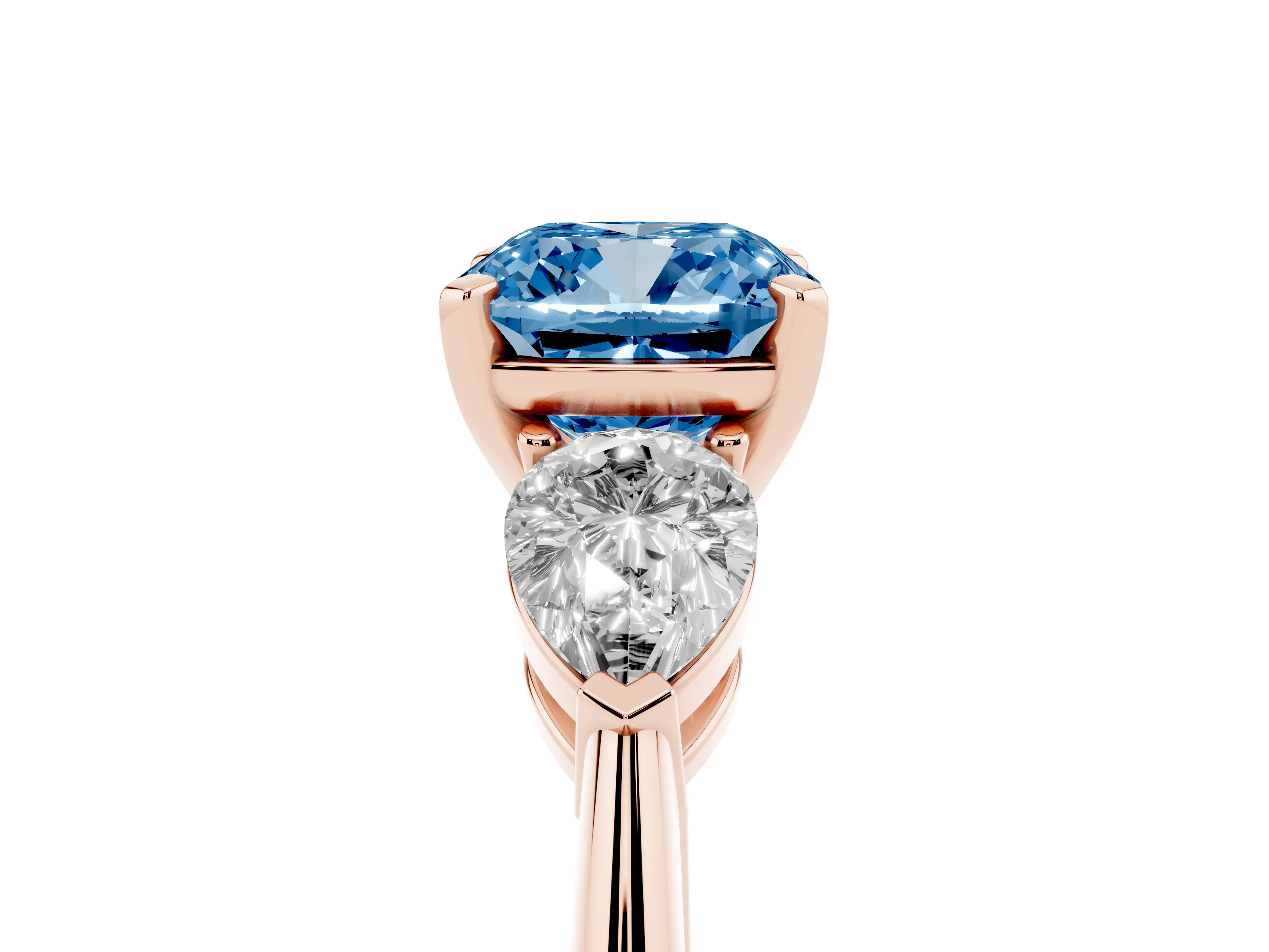 Fancy Blue Three-Stone Cushion Cut Diamond Ring Set in Rose gold with Pear Side Stones and Prong Setting