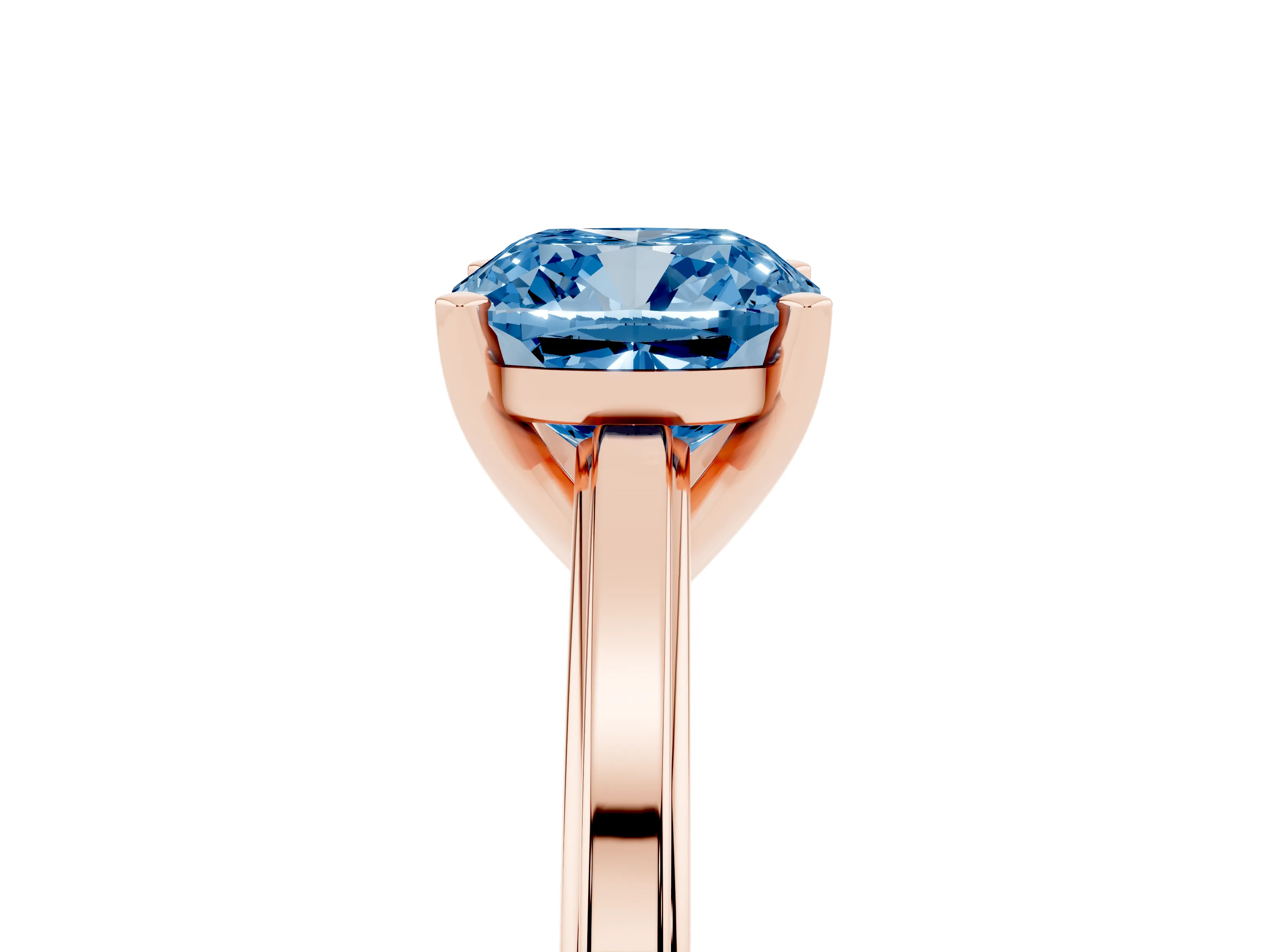 Fancy Blue Cushion Cut Diamond Solitaire Ring Set in Rose gold with Prong Setting and Classic Band