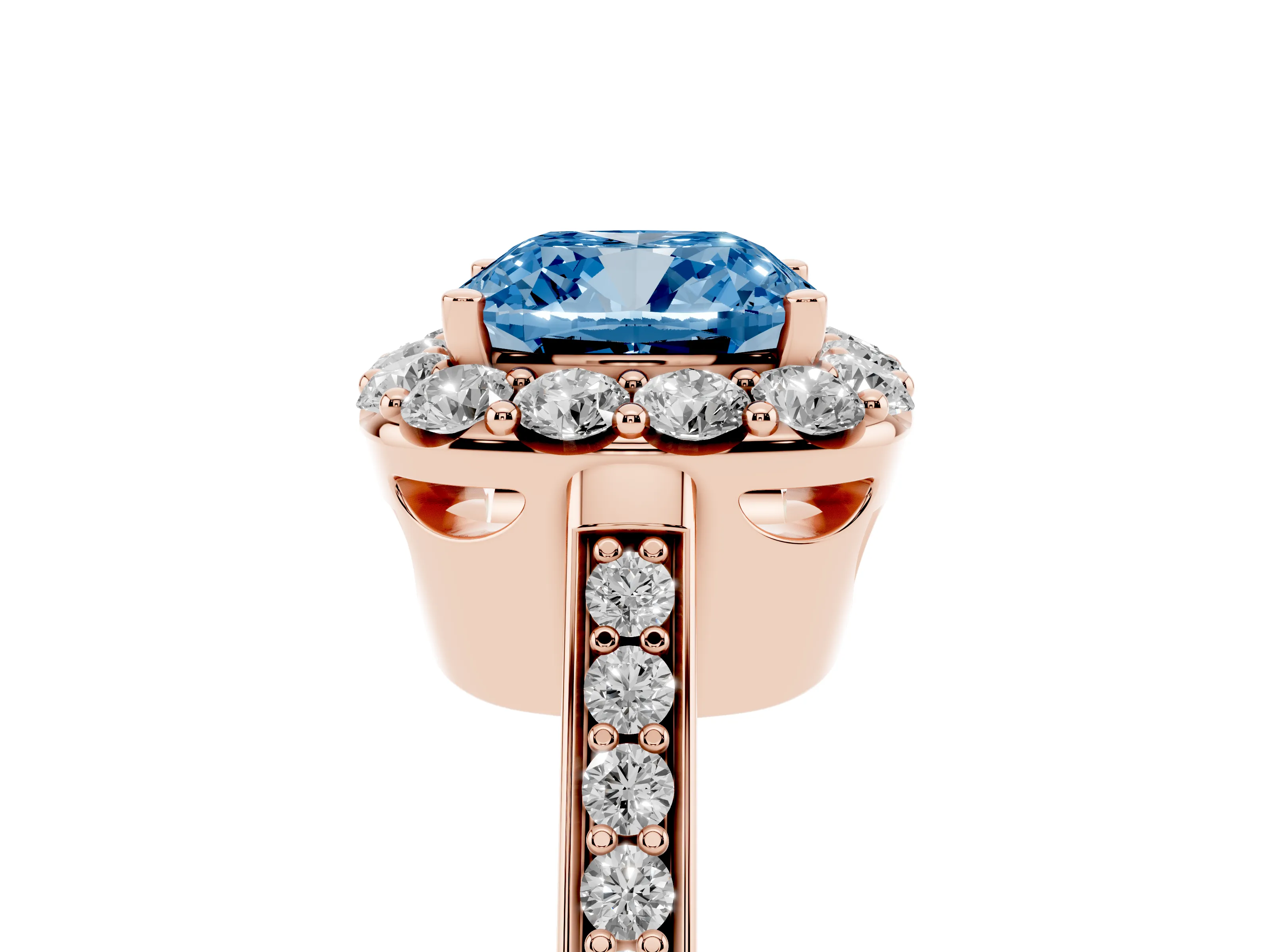Fancy Blue Cushion Cut Diamond Floral Halo Ring Set in Rose gold with Pavé Band and Prong Setting