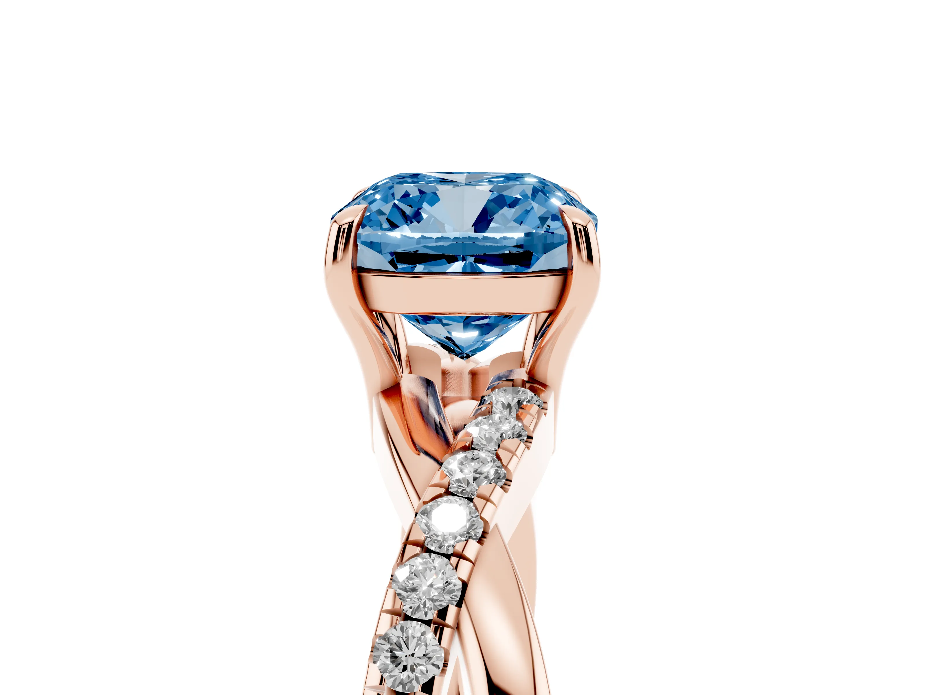 Fancy Blue Cushion Cut Diamond Twisted Pavé Band Ring Set in Rose gold with Prong Setting