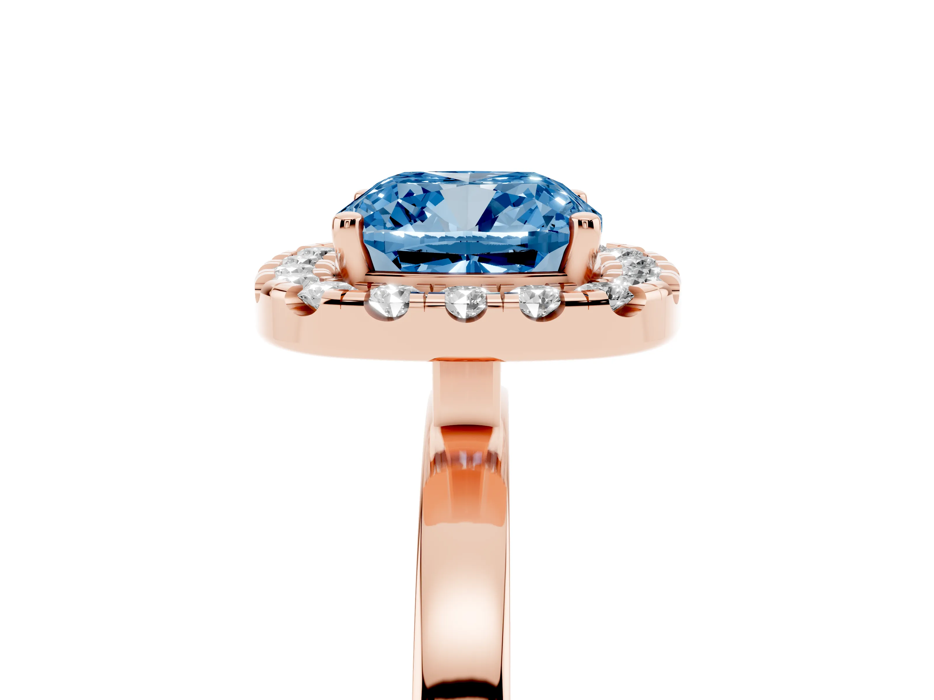 Fancy Blue Cushion Cut Diamond Halo Solitaire Ring Set in Rose gold with Pavé Band and Prong Setting