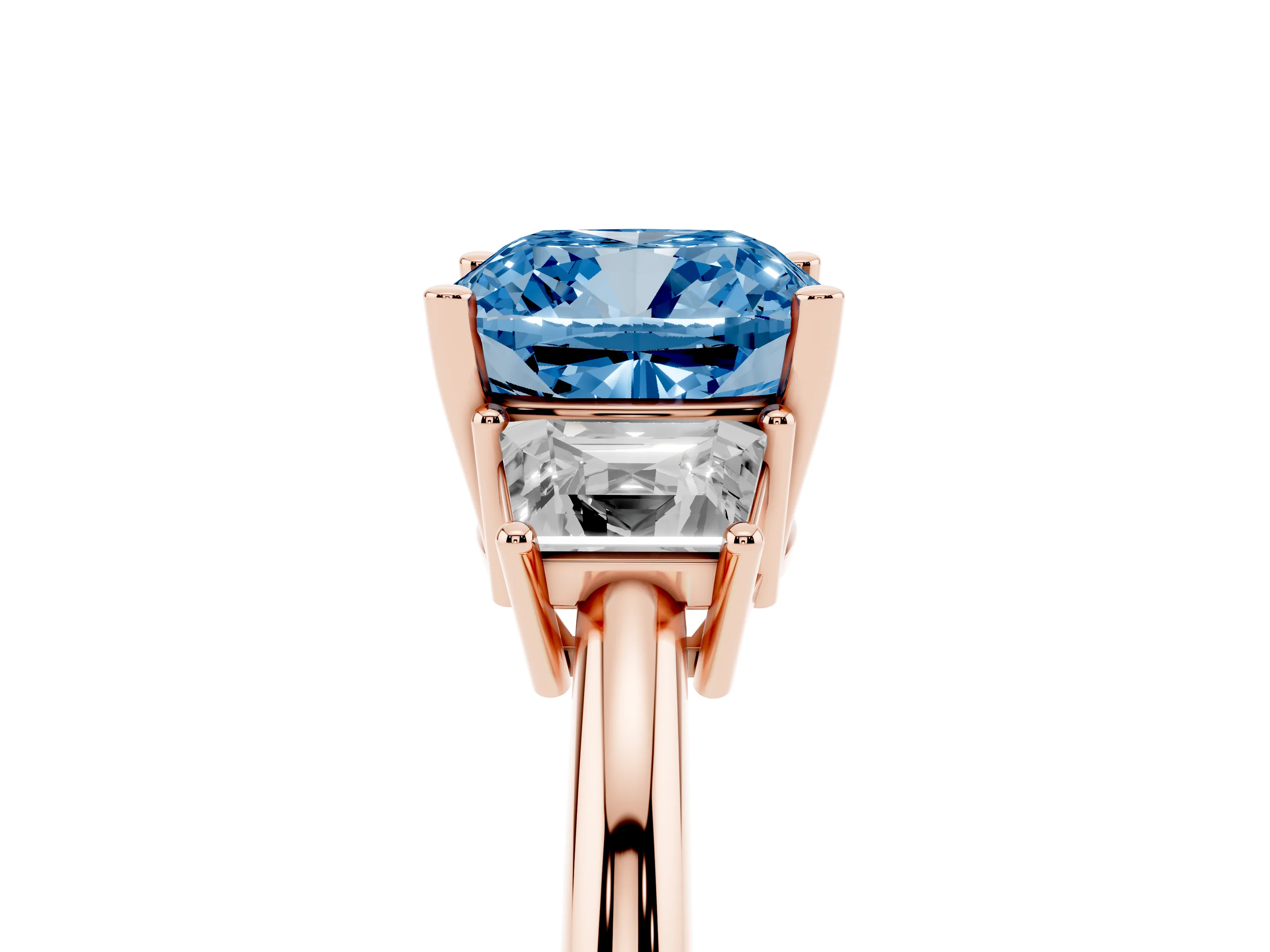 Fancy Blue Cushion Cut Diamond Three-Stone Ring Set in Rose gold with Trapezoid Side Stones and Prong Setting