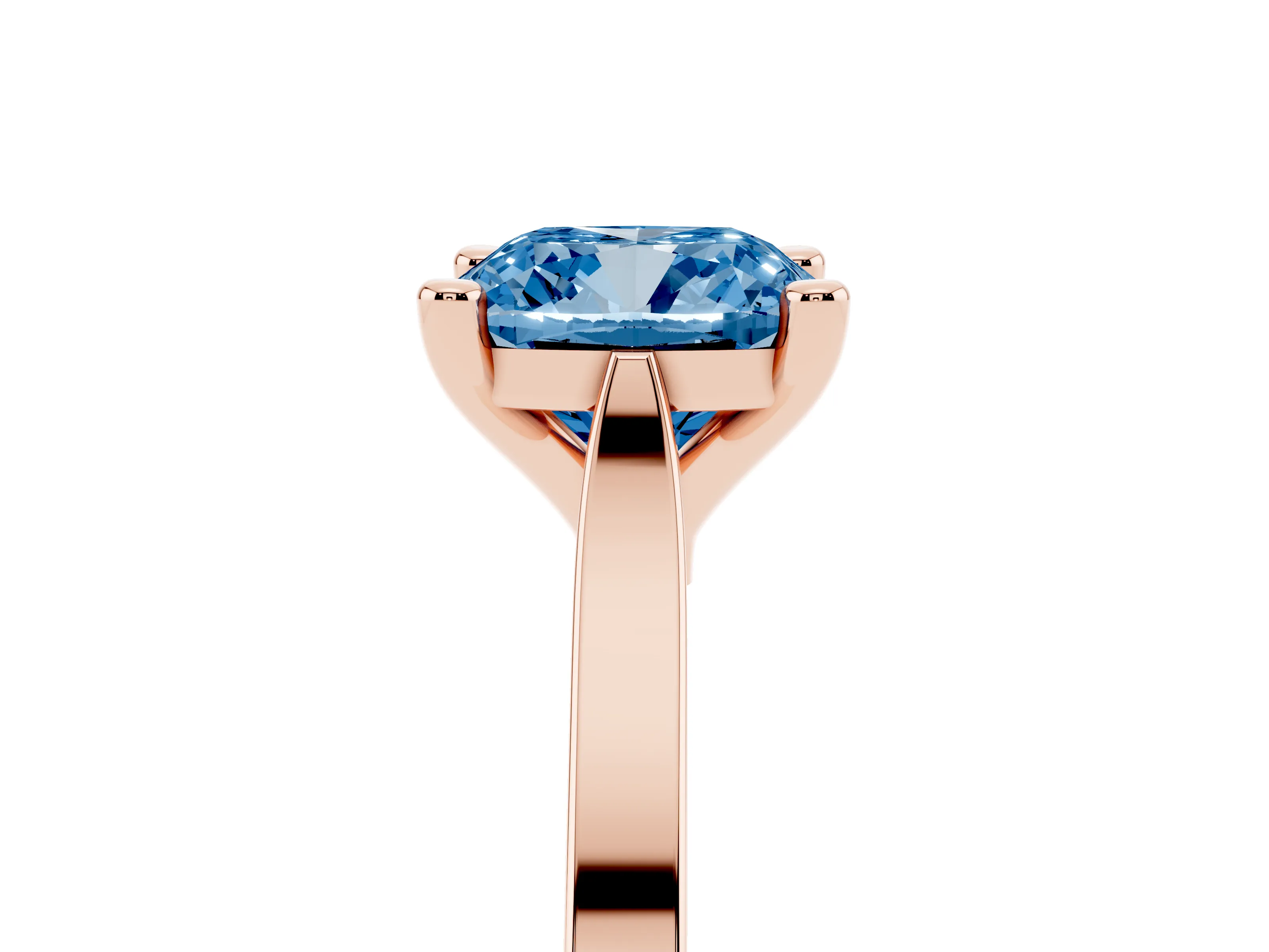 Fancy Blue Cushion Cut Diamond Solitaire Ring Set in Rose gold with Prong Setting and Tapered Band