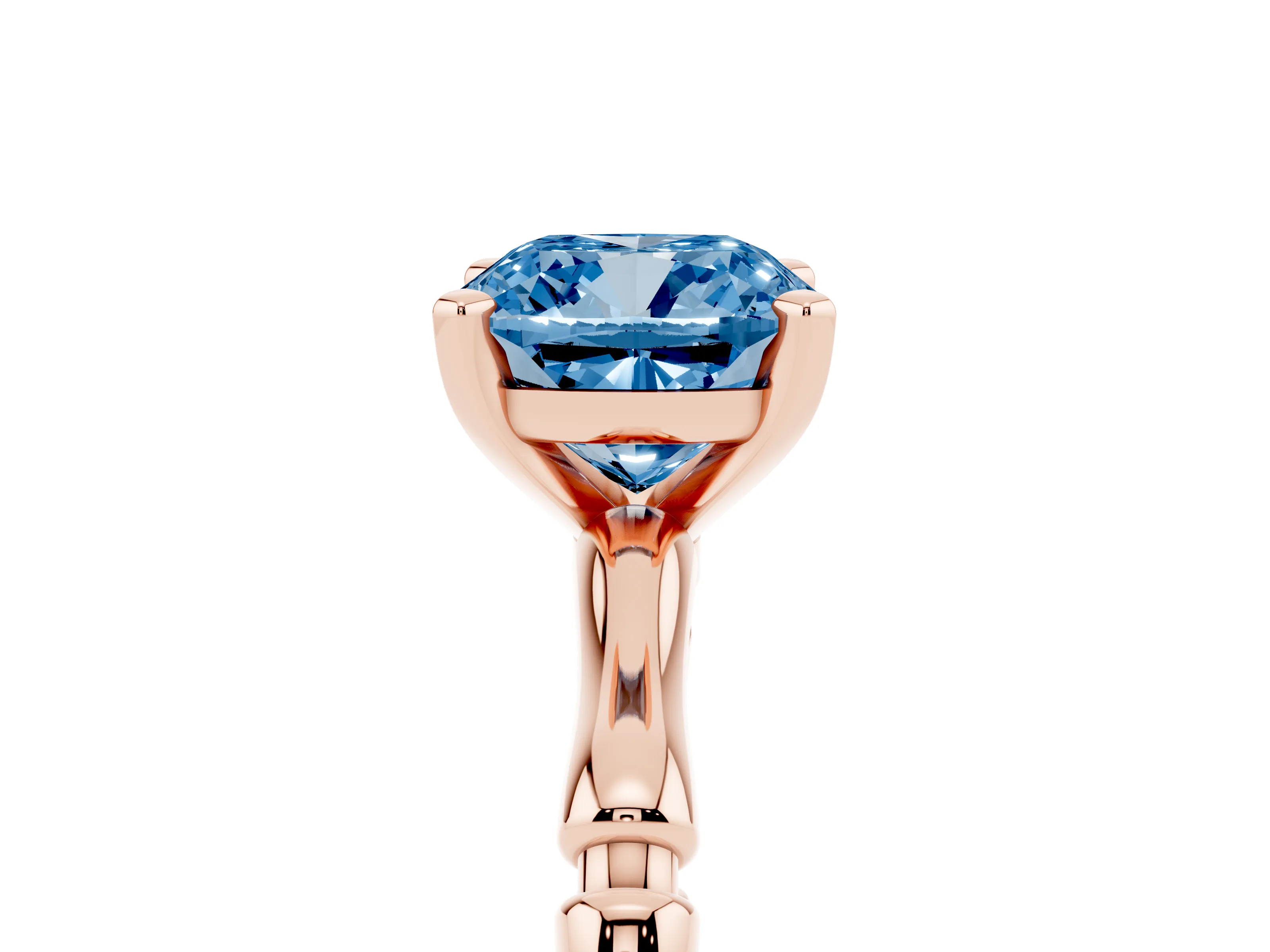 Fancy Blue Cushion Cut Diamond Solitaire Ring Set in Rose gold with Bamboo Band and Prong Setting