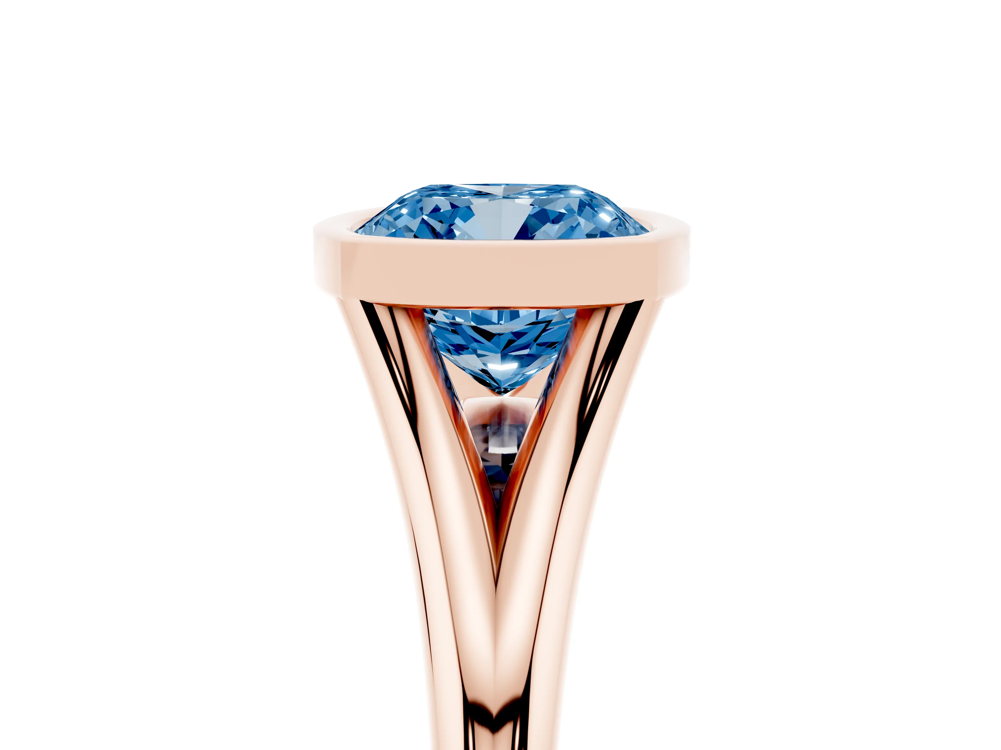 Fancy Blue Bezel Set Cushion Cut Diamond Solitaire Ring Set in Rose gold with Tapered Band