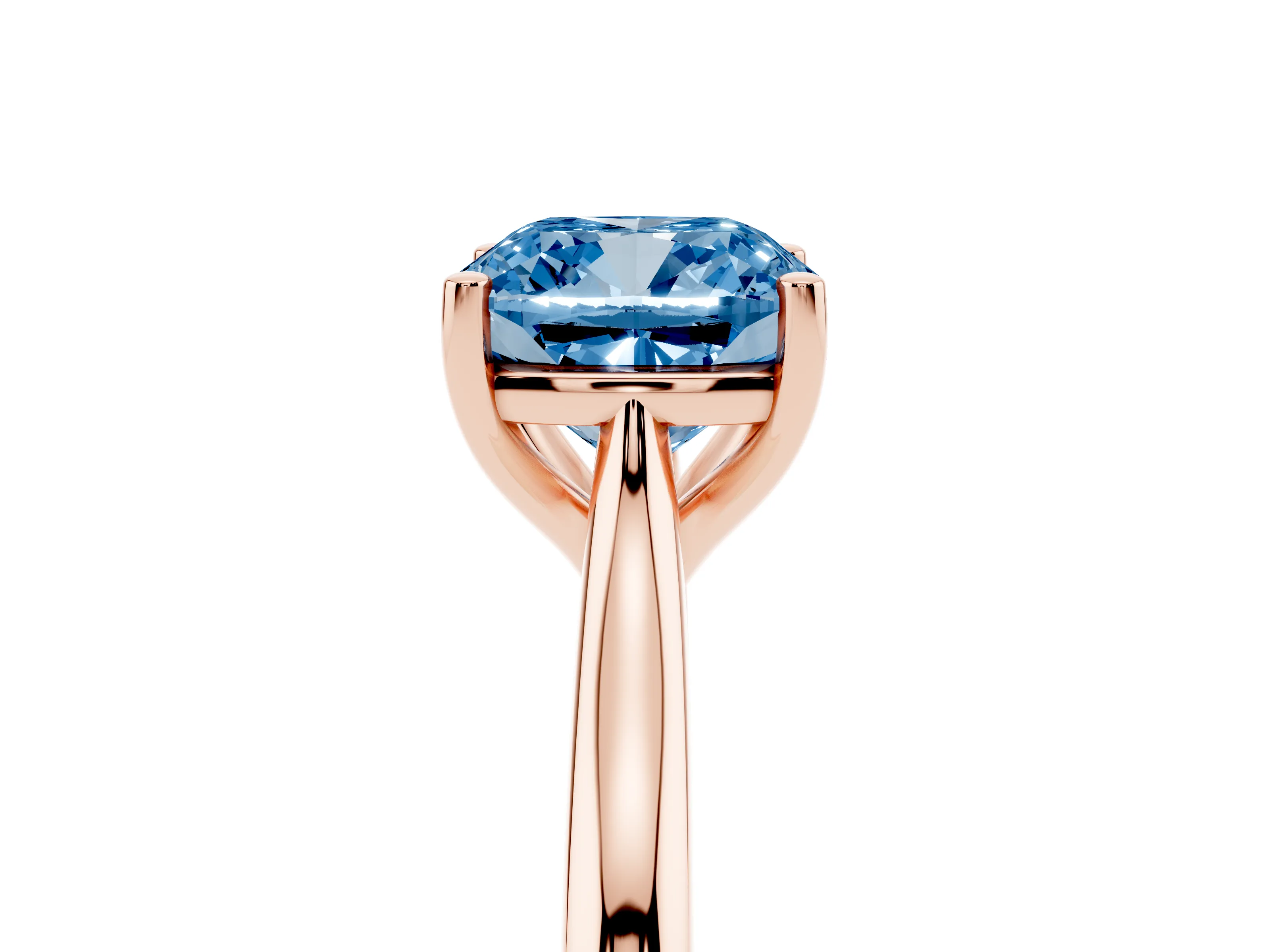 Fancy Blue Cushion Cut Diamond Solitaire Ring Set in Rose gold with Cathedral Band and Prong Setting