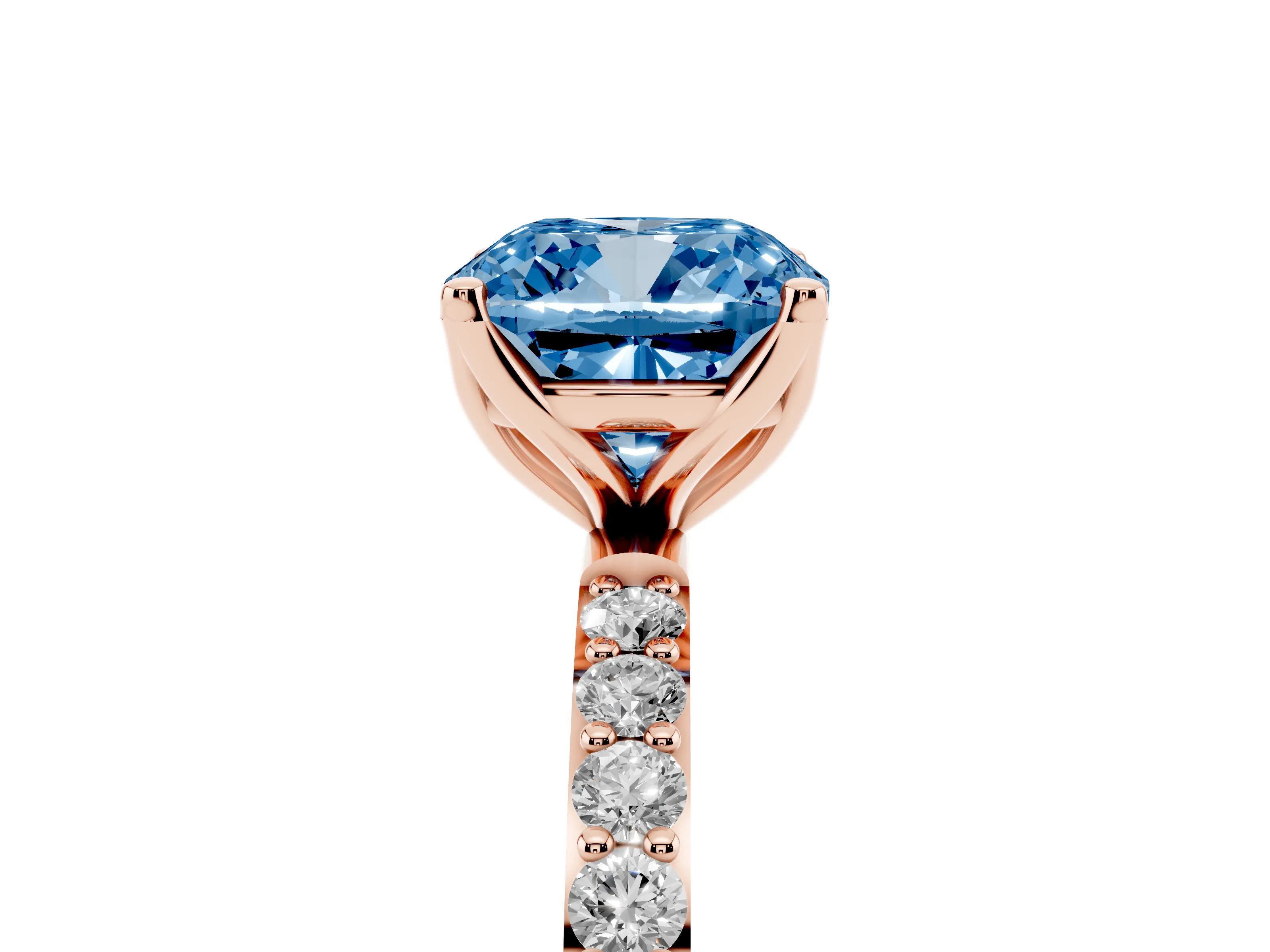 Fancy Blue Cushion Cut Diamond Solitaire Engagement Ring Set in Rose gold with Round Pavé Band and Prong Setting