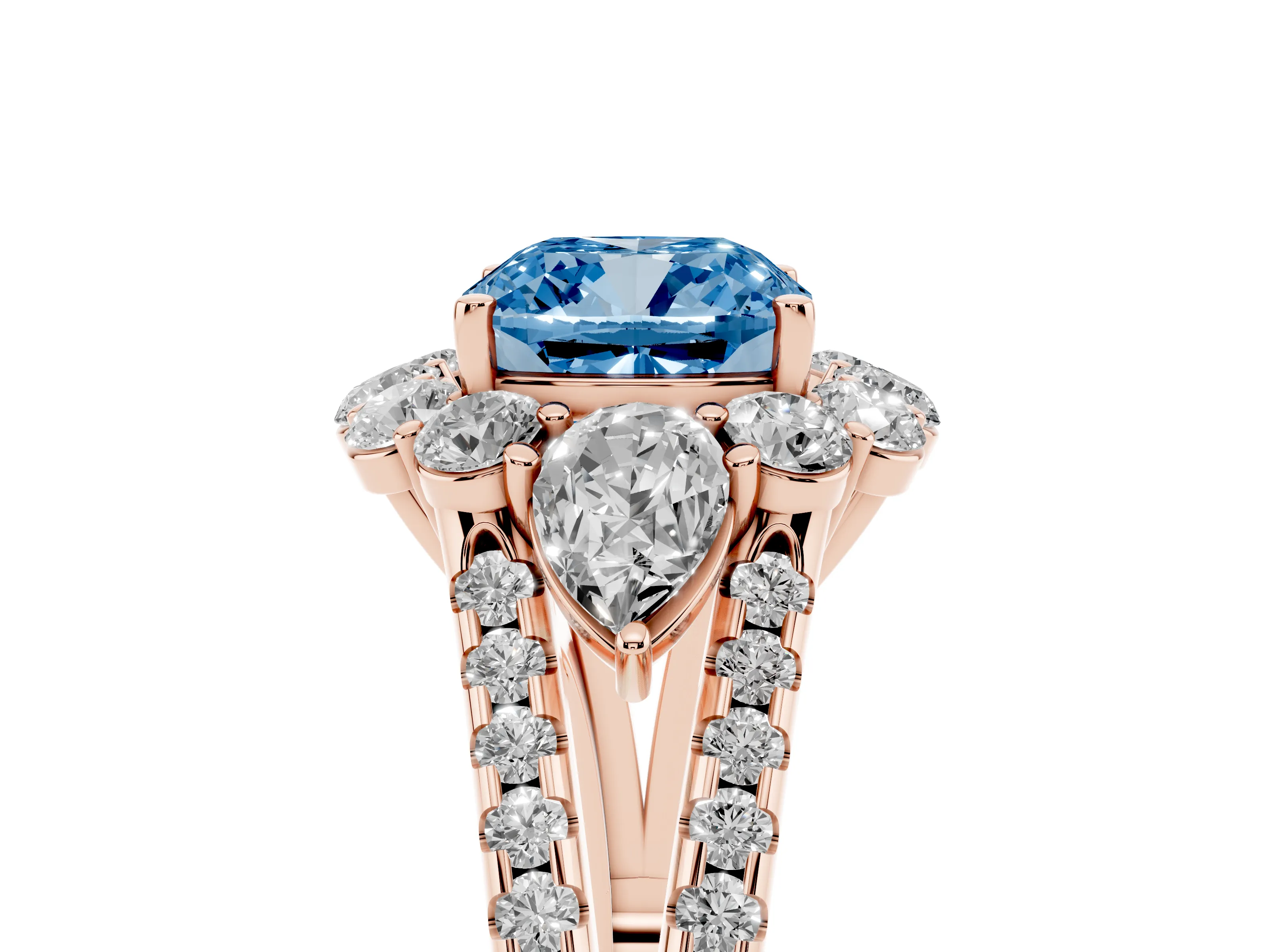 Fancy Blue Cushion Cut Diamond Halo Split Shank Engagement Ring Set in Rose gold with Prong-Held Center Stone