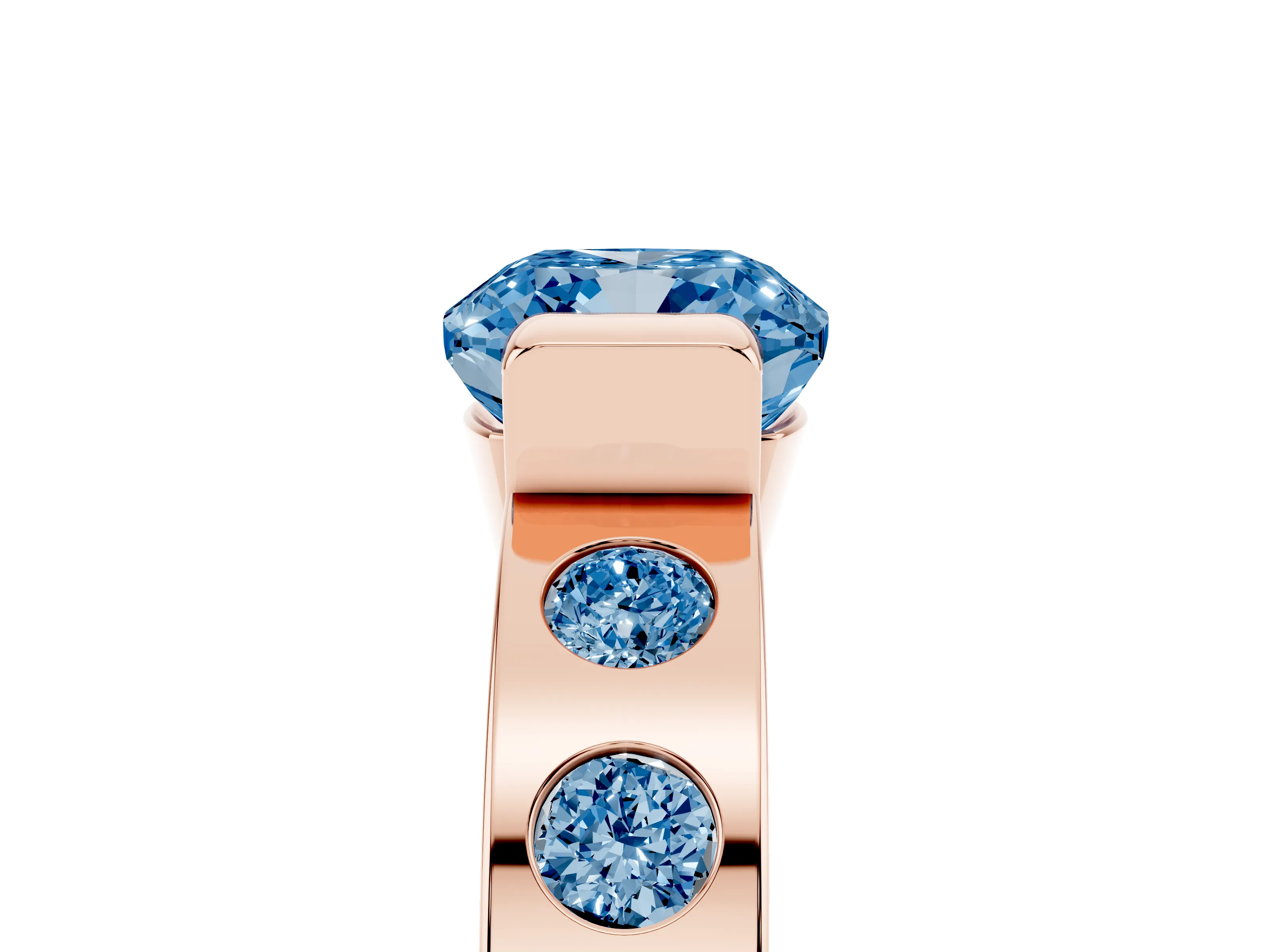 Fancy Blue Cushion Cut Diamond Channel-Set Band Ring Set in Rose gold with Bezel Prong Setting