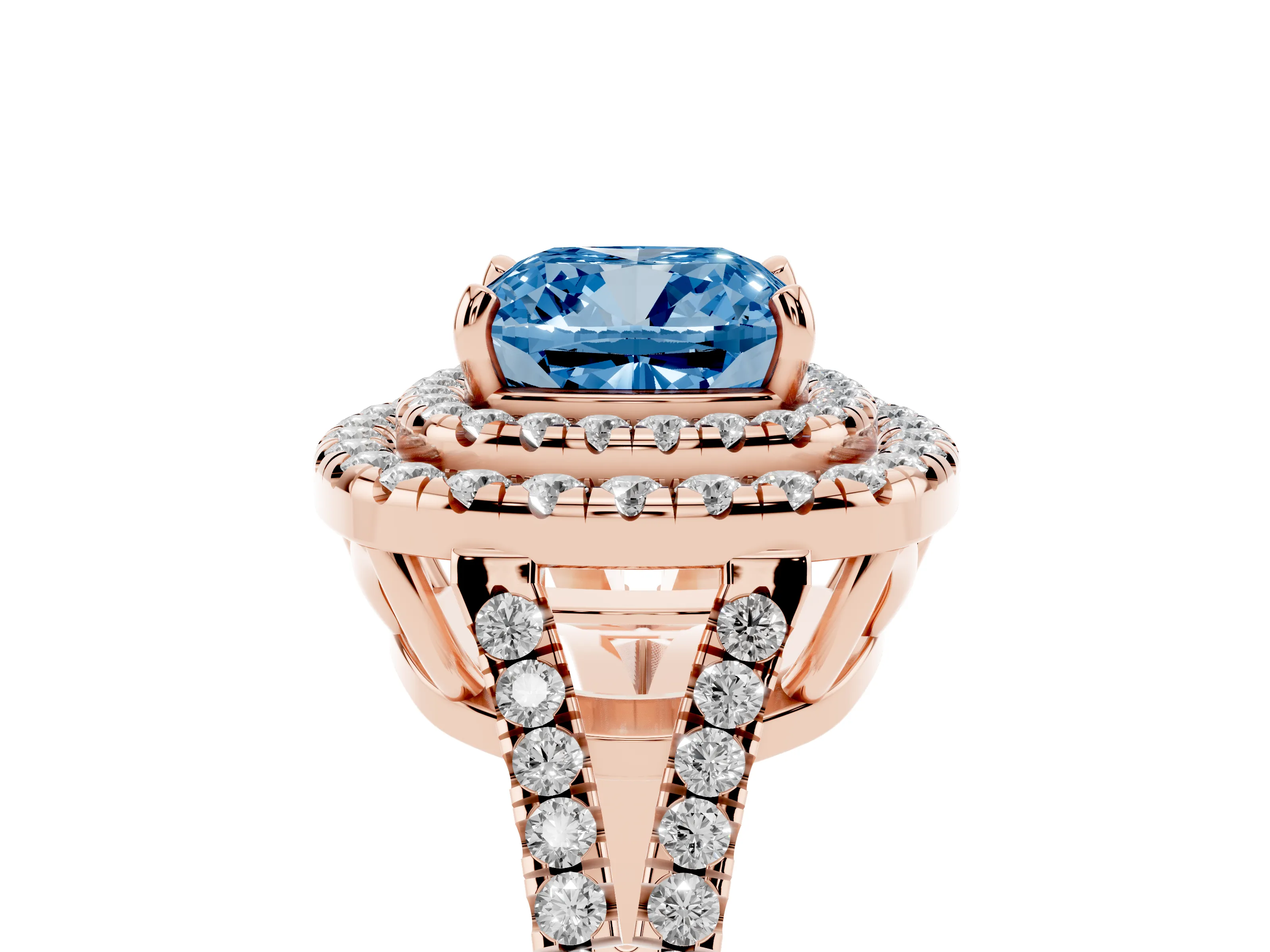 Fancy Blue Cushion Cut Diamond Double Halo Ring Set in Rose gold with Pavé Band