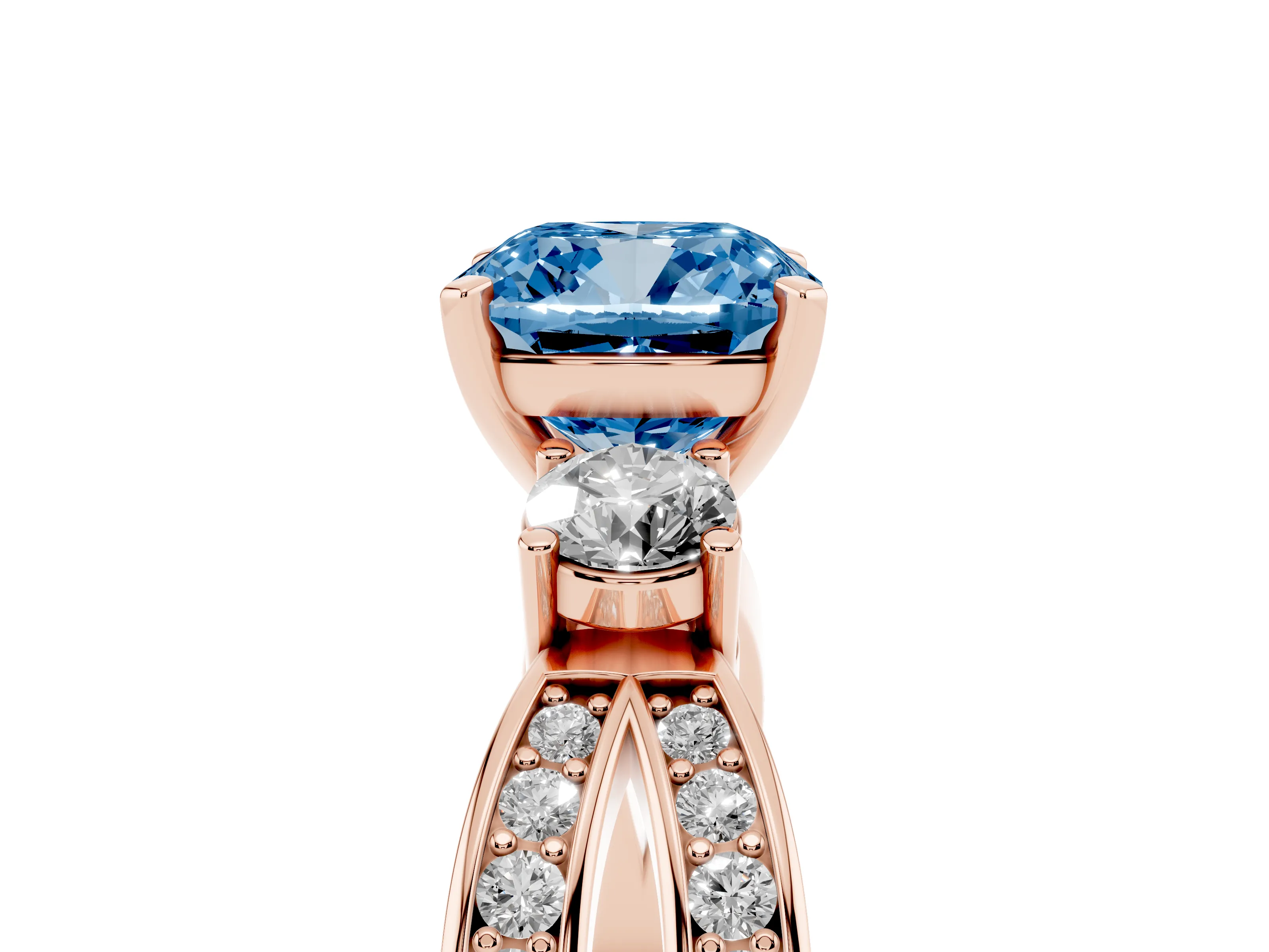 Fancy Blue Three-Stone Cushion Cut Diamond Twist Band Ring Set in Rose gold with Pavé Accents and Prong Setting
