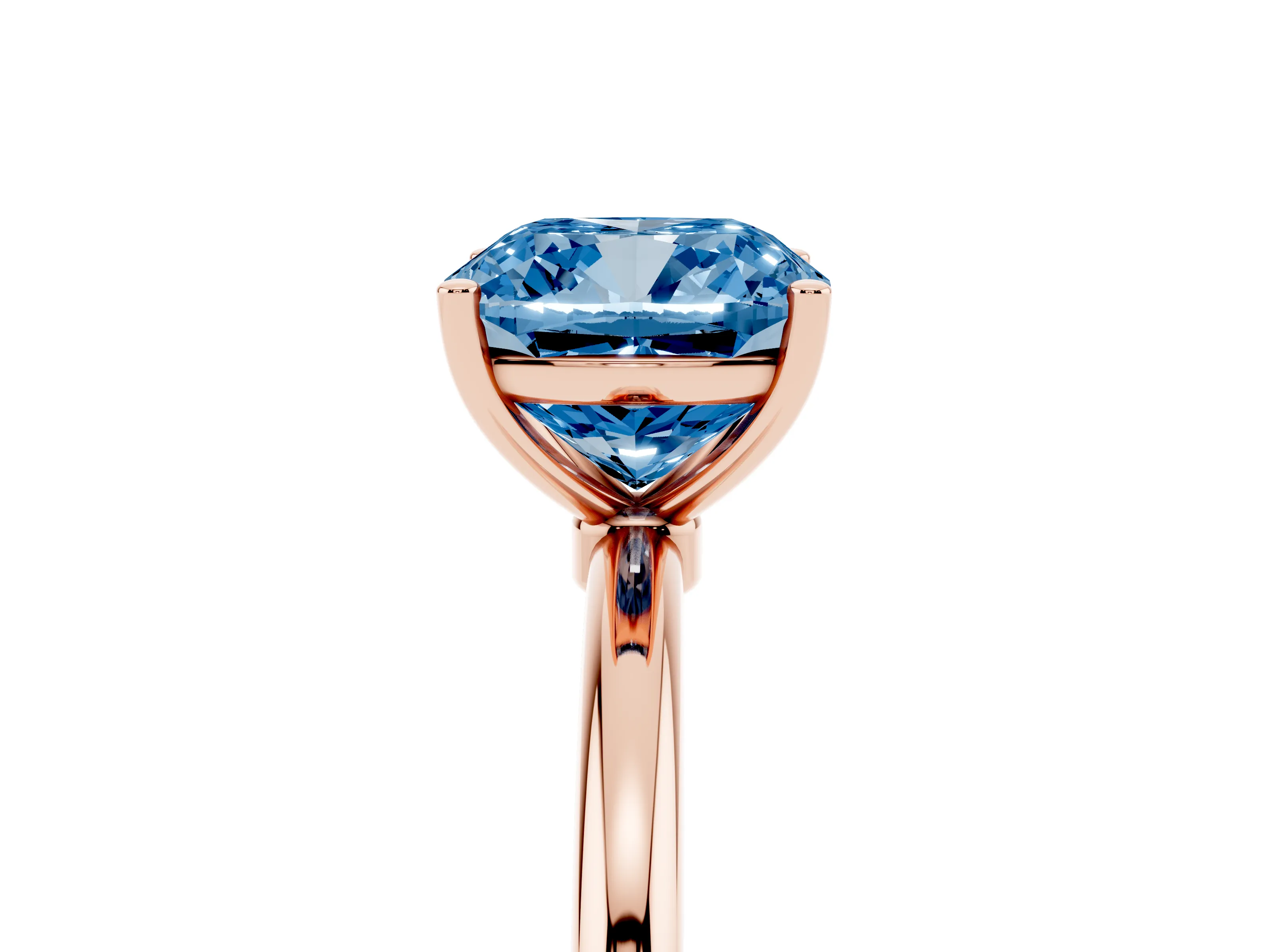 Fancy Blue Cushion Cut Diamond Solitaire Engagement Ring Set in Rose gold with Thin Band and Prong Setting