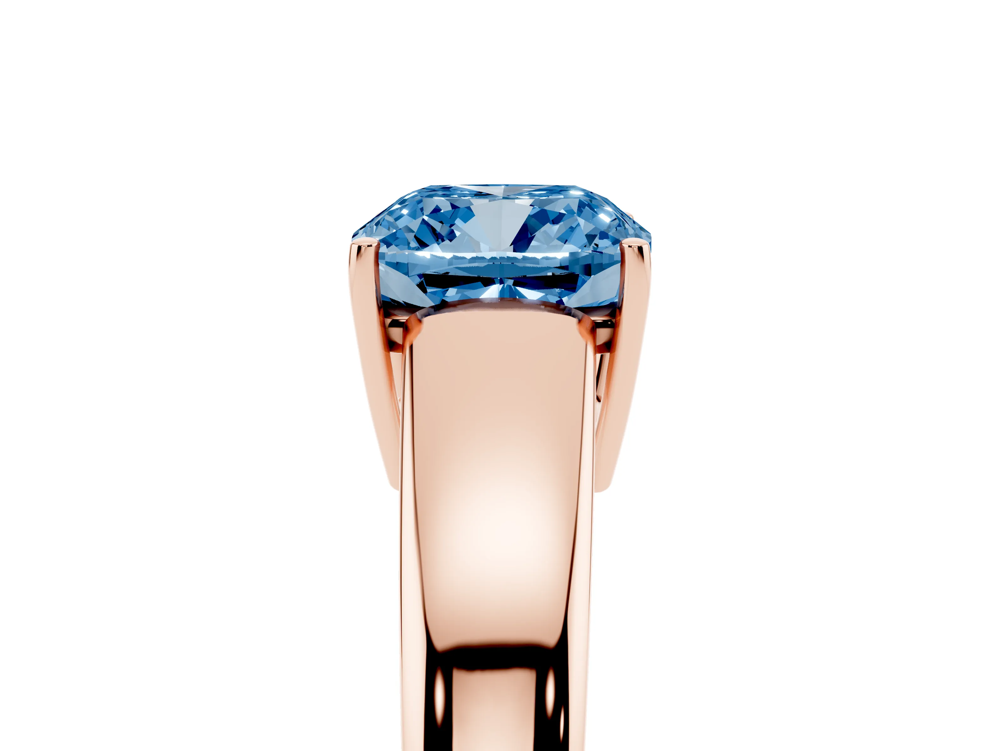 Fancy Blue Cushion Cut Diamond Solitaire Ring Set in Rose gold with Tapered Band and Prong Setting