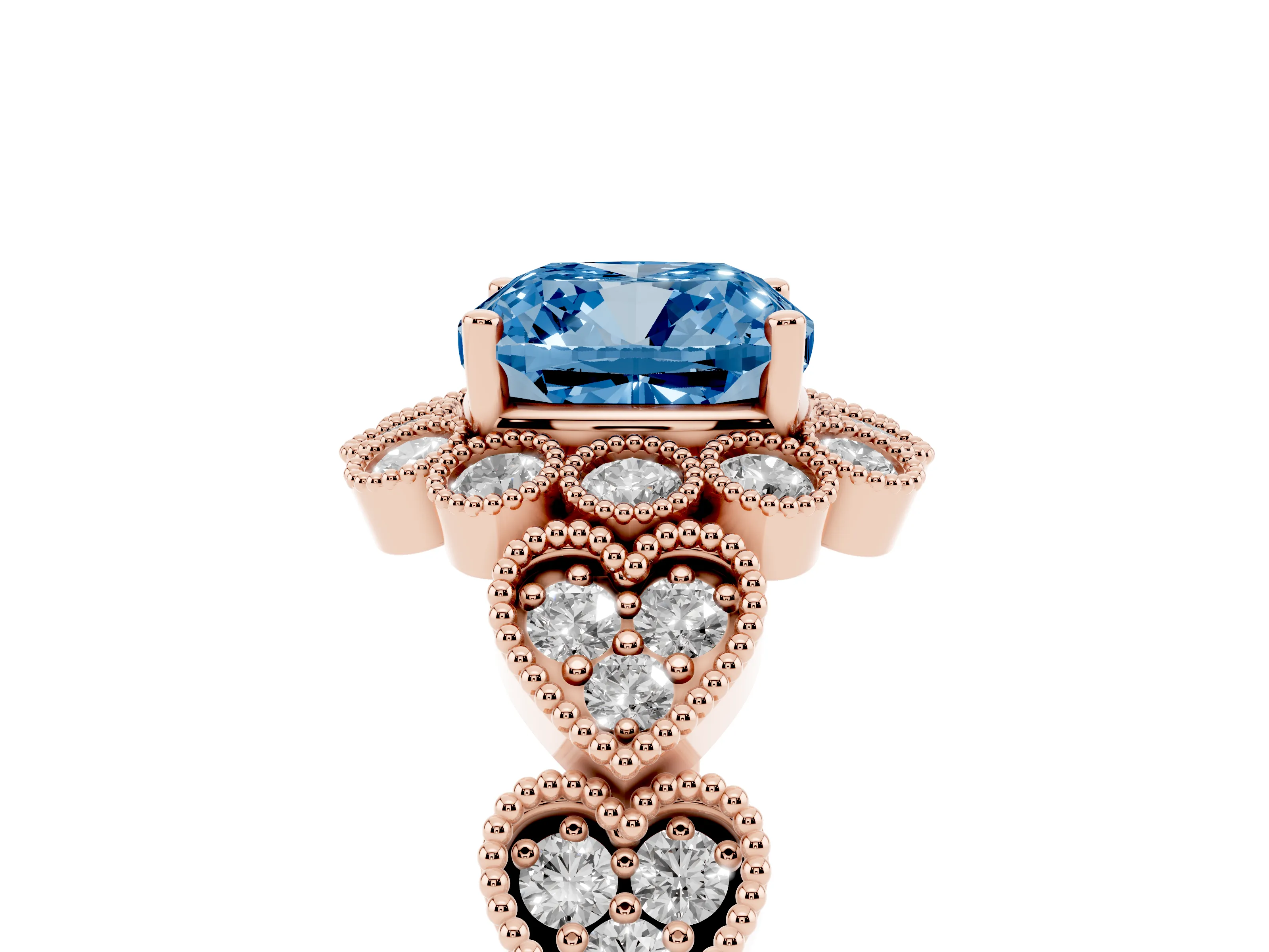 Fancy Blue Cushion Cut Diamond Solitaire Ring Set in Rose gold with Milgrain Pavé Heart Band