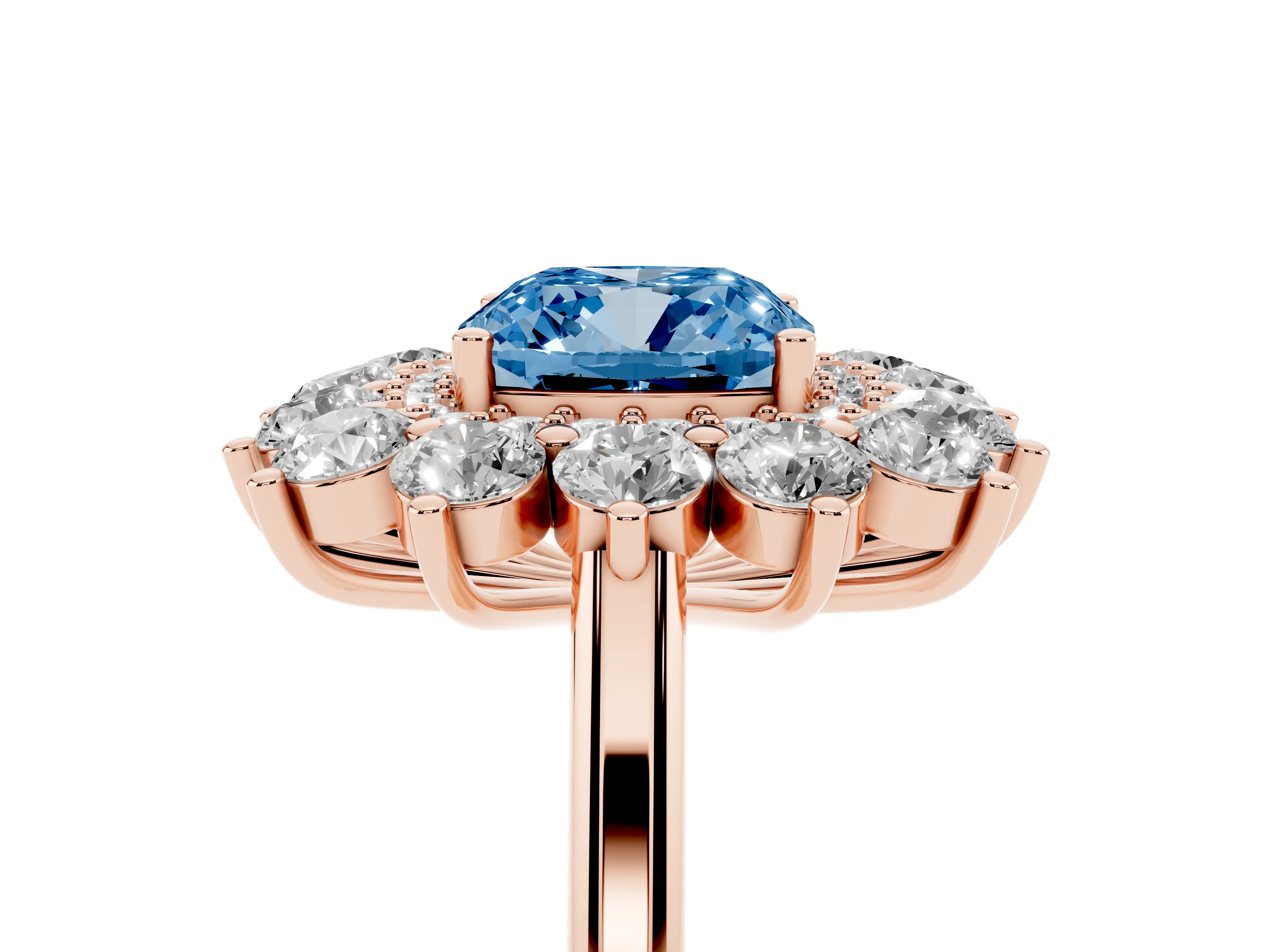 Fancy Blue Cushion Cut Diamond Floral Double Halo Ring Set in Rose gold with Round Petals