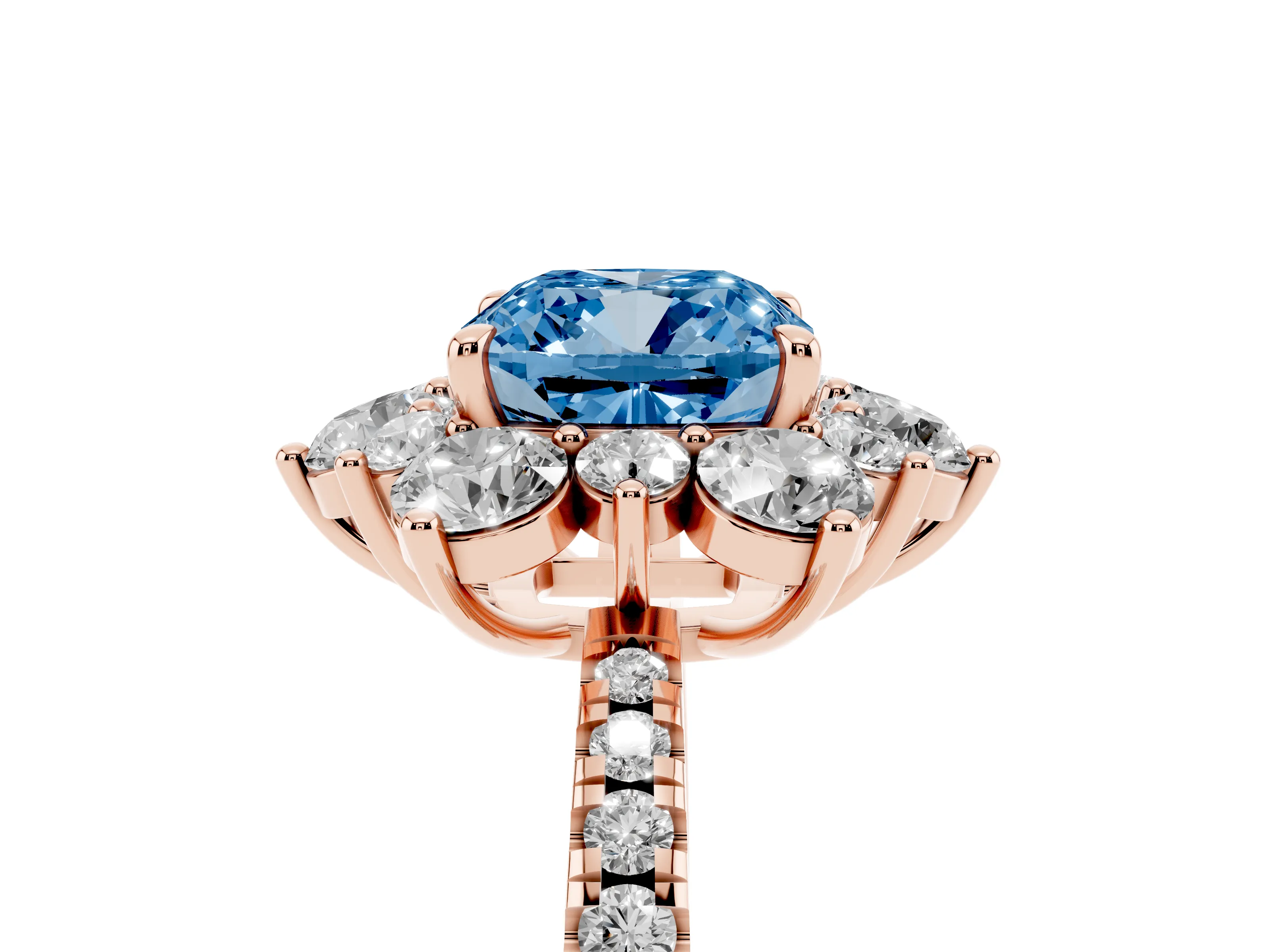 Fancy Blue Cushion Cut Diamond Floral Halo Ring Set in Rose gold with Round Pavé Band and Prong Setting