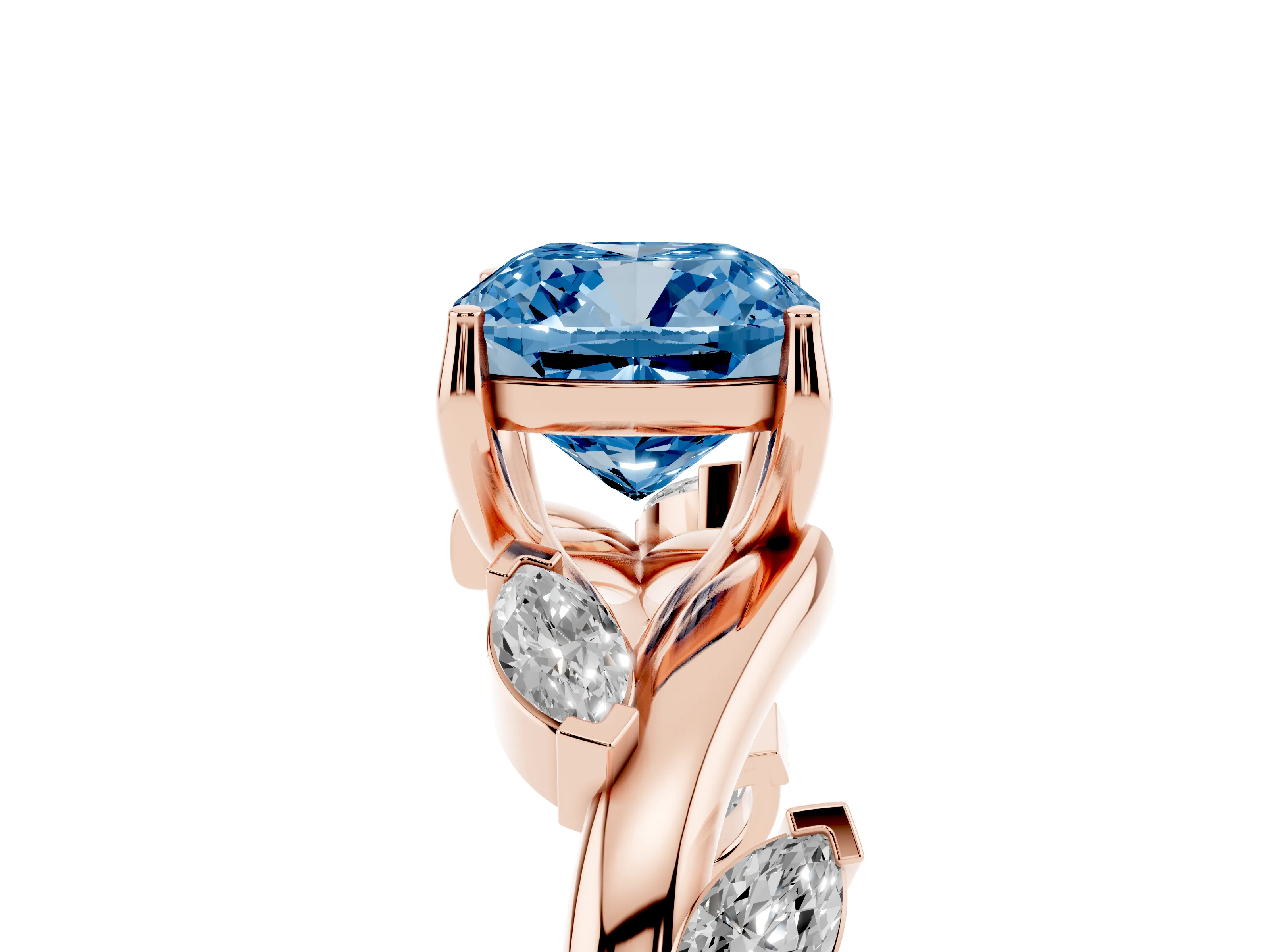 Fancy Blue Cushion Cut Diamond Solitaire Ring Set in Rose gold with Twisted Marquise Accent Band