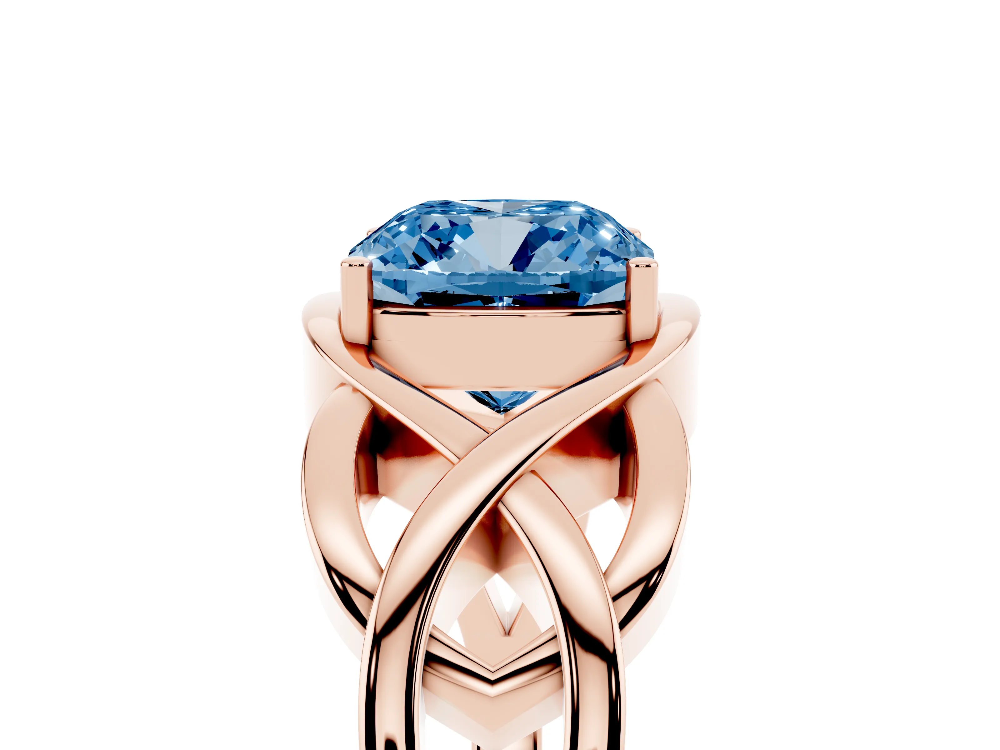 Fancy Blue Cushion Cut Diamond Solitaire Ring Set in Rose gold with Intertwined Band