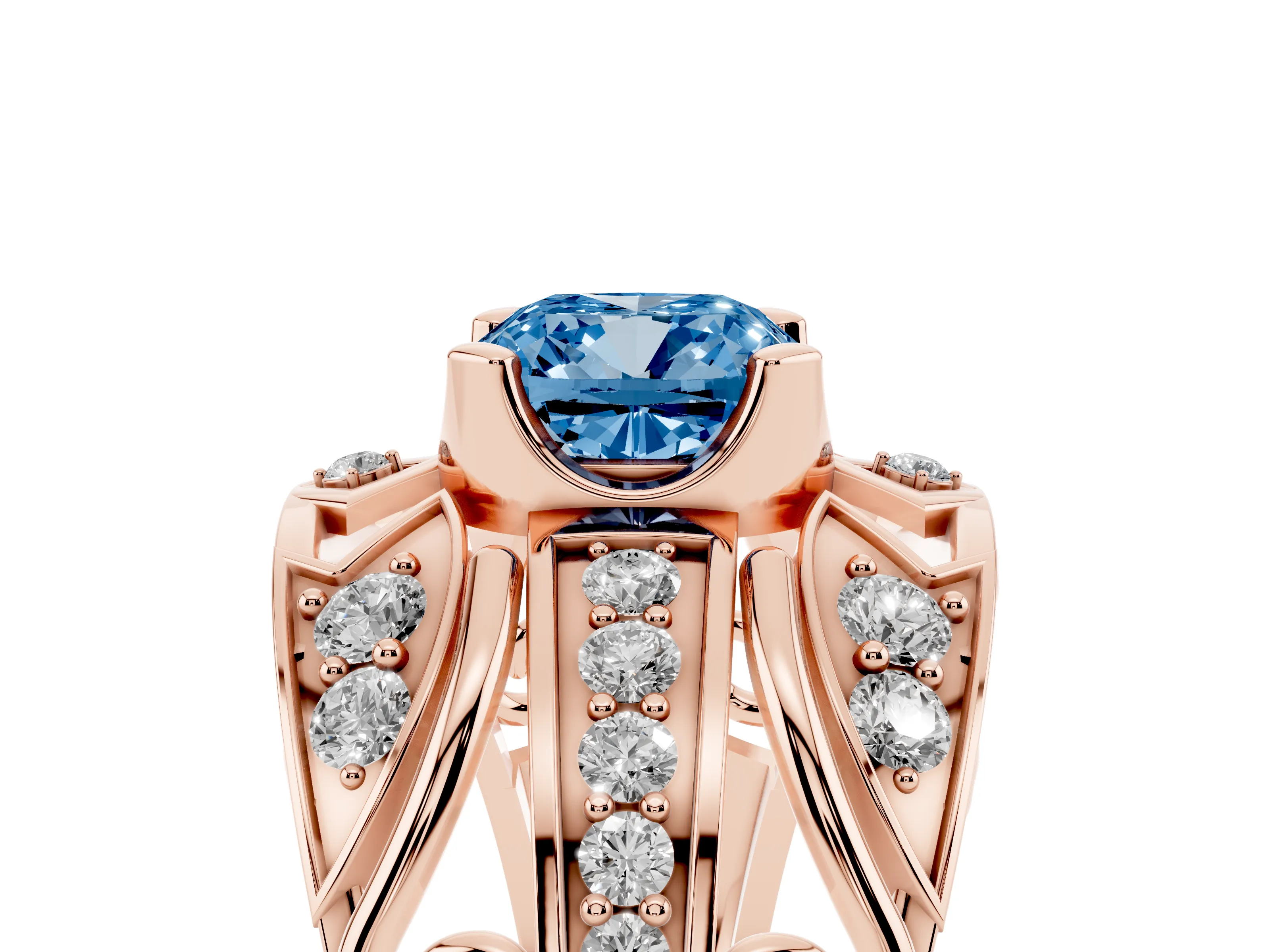 Fancy Blue Cushion Cut Diamond Art Deco Ring Set in Rose gold with Pavé Split Shank