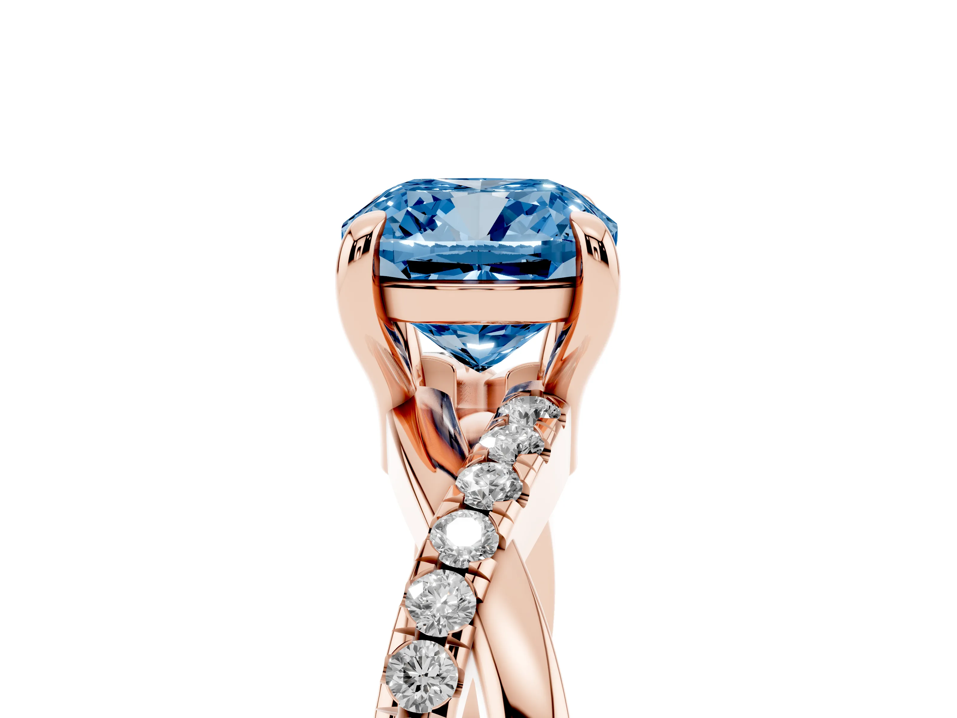 Fancy Blue Cushion Cut Diamond Twist Band Pavé Solitaire Ring Set in Rose gold with Prong Setting