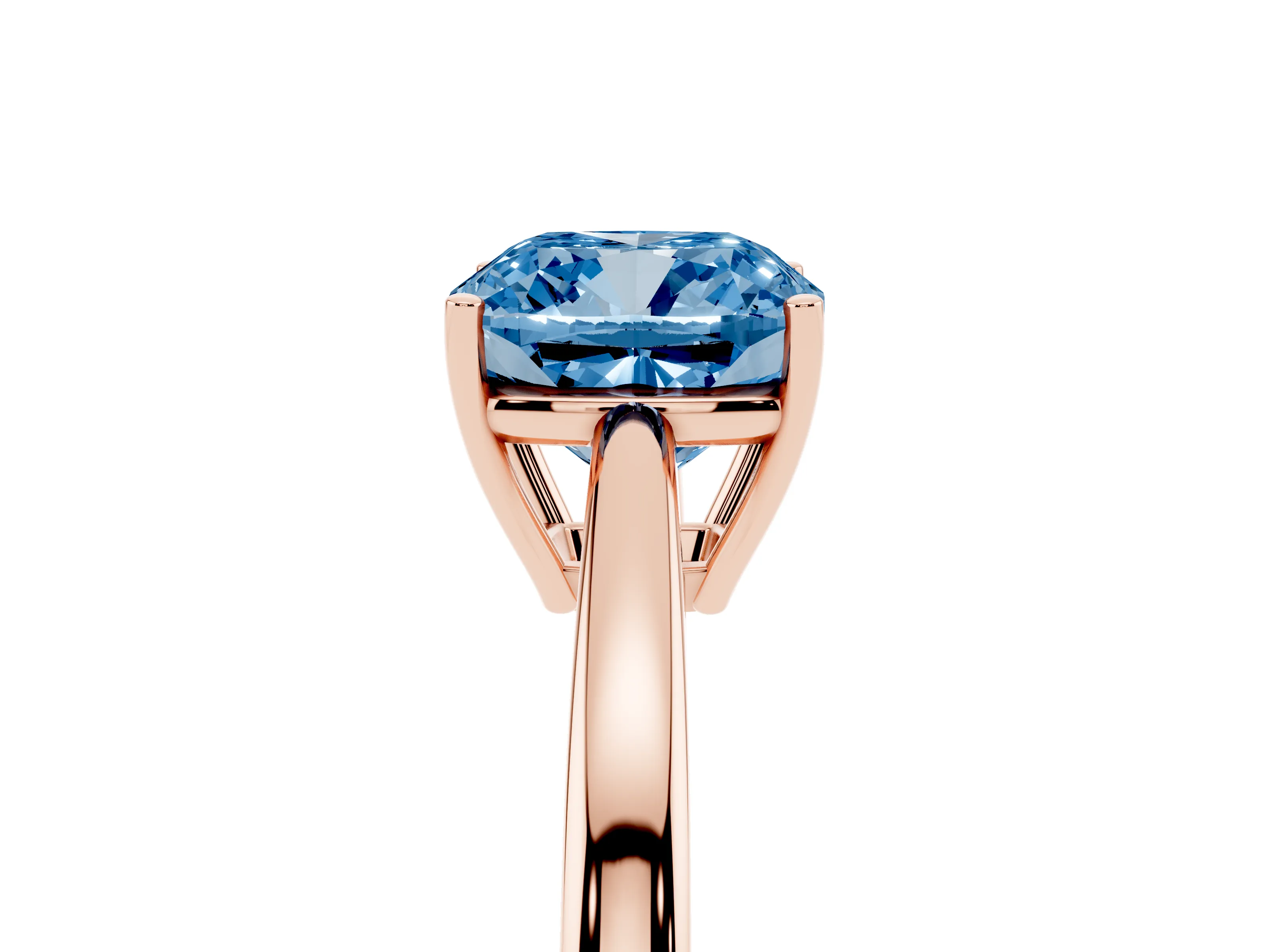 Fancy Blue Cushion Cut Diamond Solitaire Ring Set in Rose gold with Split Shank and Prong Setting
