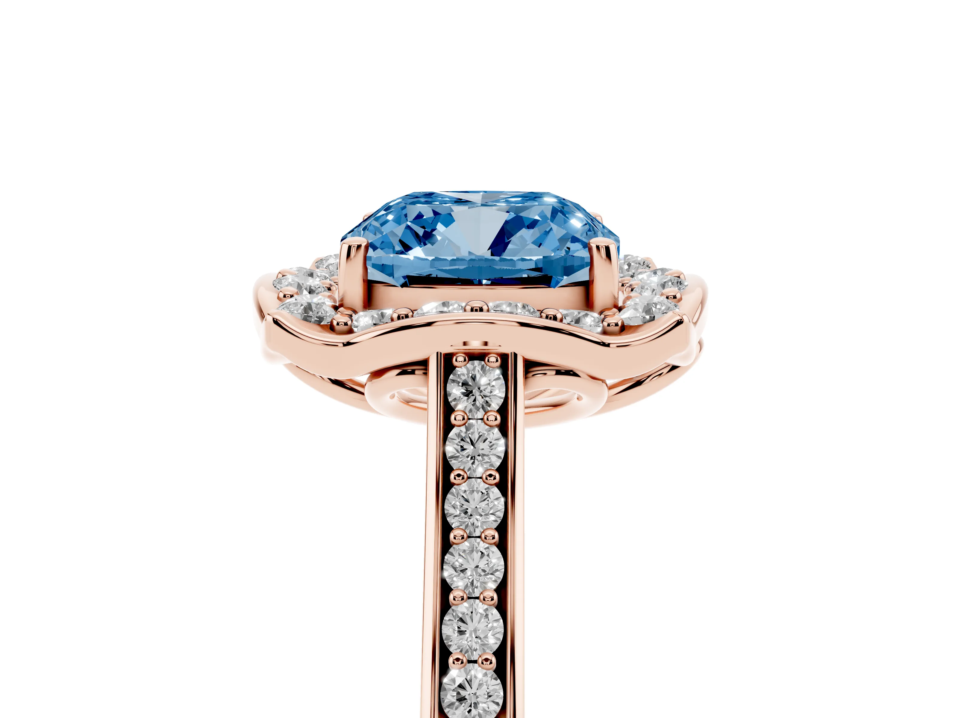 Fancy Blue Cushion Cut Diamond Halo Ring Set in Rose gold with Pavé-Lined Shoulders and Prong Setting