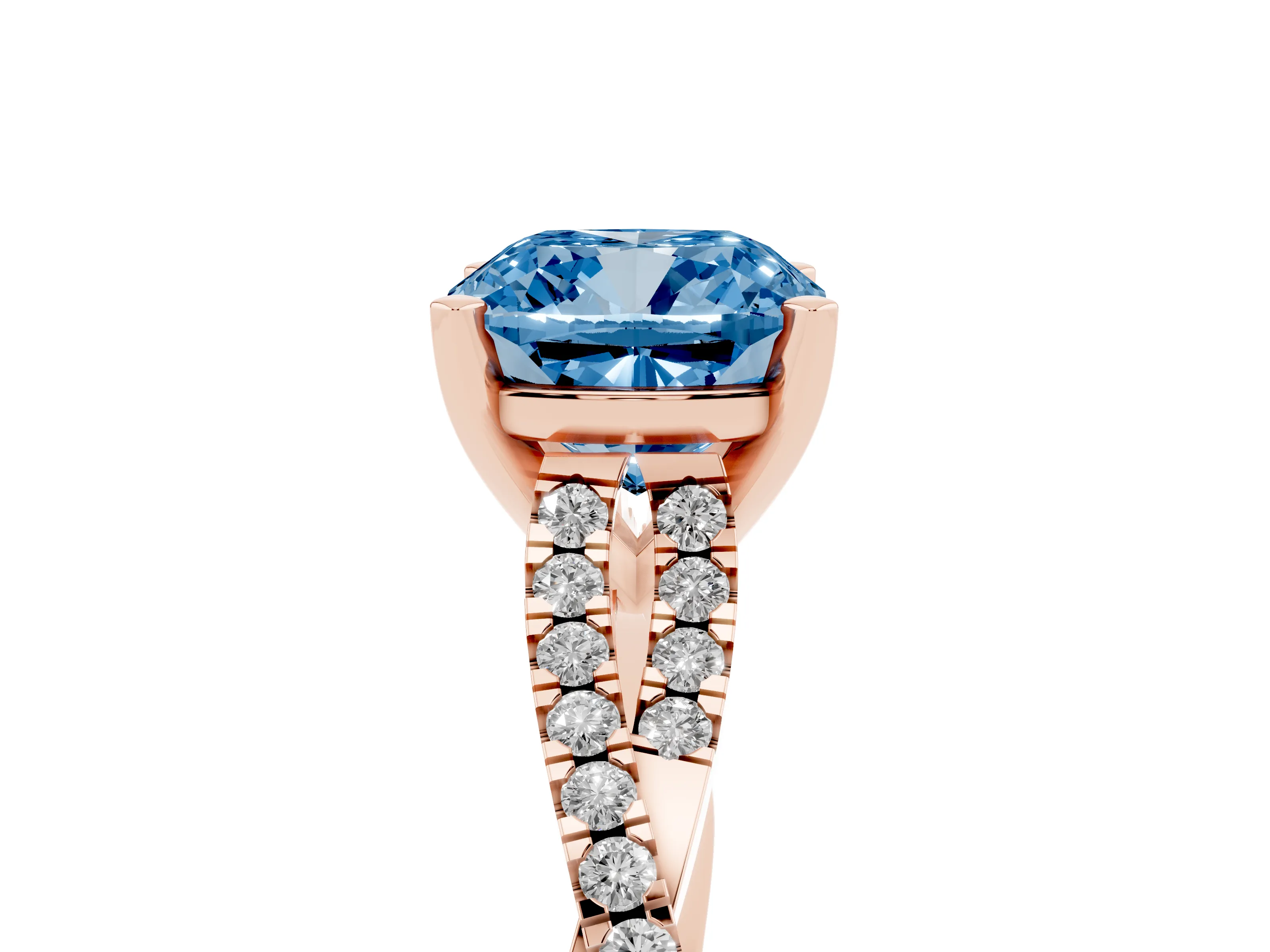 Fancy Blue Cushion Cut Diamond Solitaire Engagement Ring Set in Rose gold with Twisted Pavé Band and Prong Setting