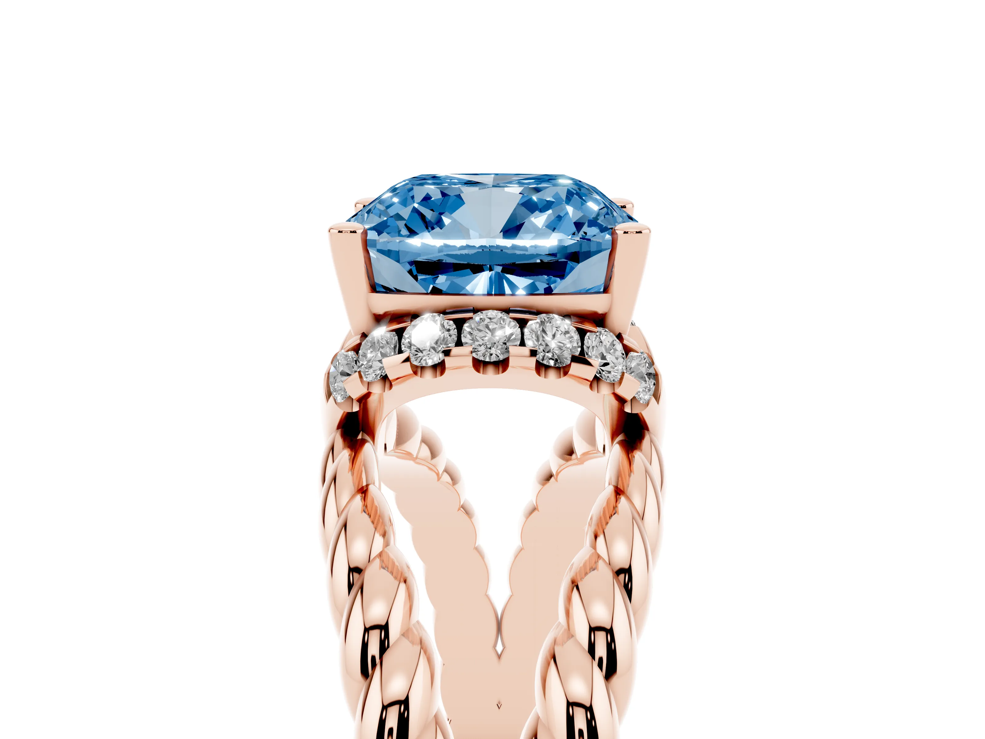 Fancy Blue Cushion Cut Diamond Halo Ring Set in Rose gold with Twisted Band and Prong Setting