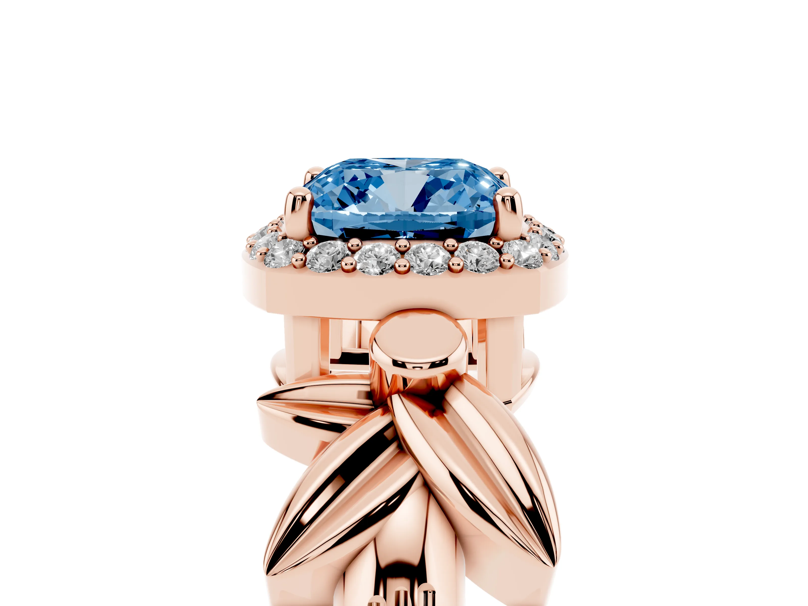 Fancy Blue Cushion Cut Diamond Halo Floral Band Ring Set in Rose gold with Prong Setting