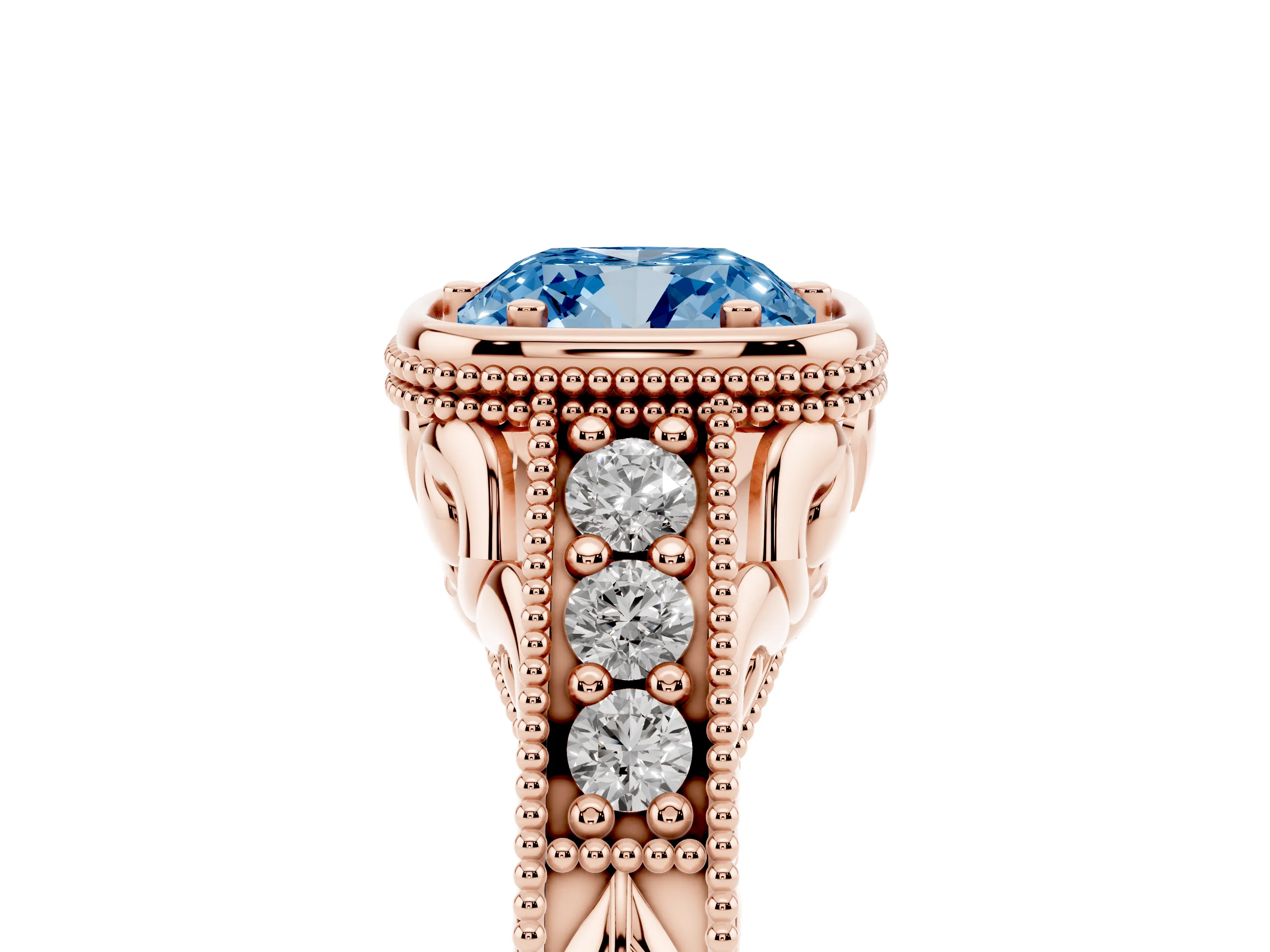 Fancy Blue Bezel Set Cushion Cut Diamond Milgrain Pavé Engagement Ring Set in Rose gold