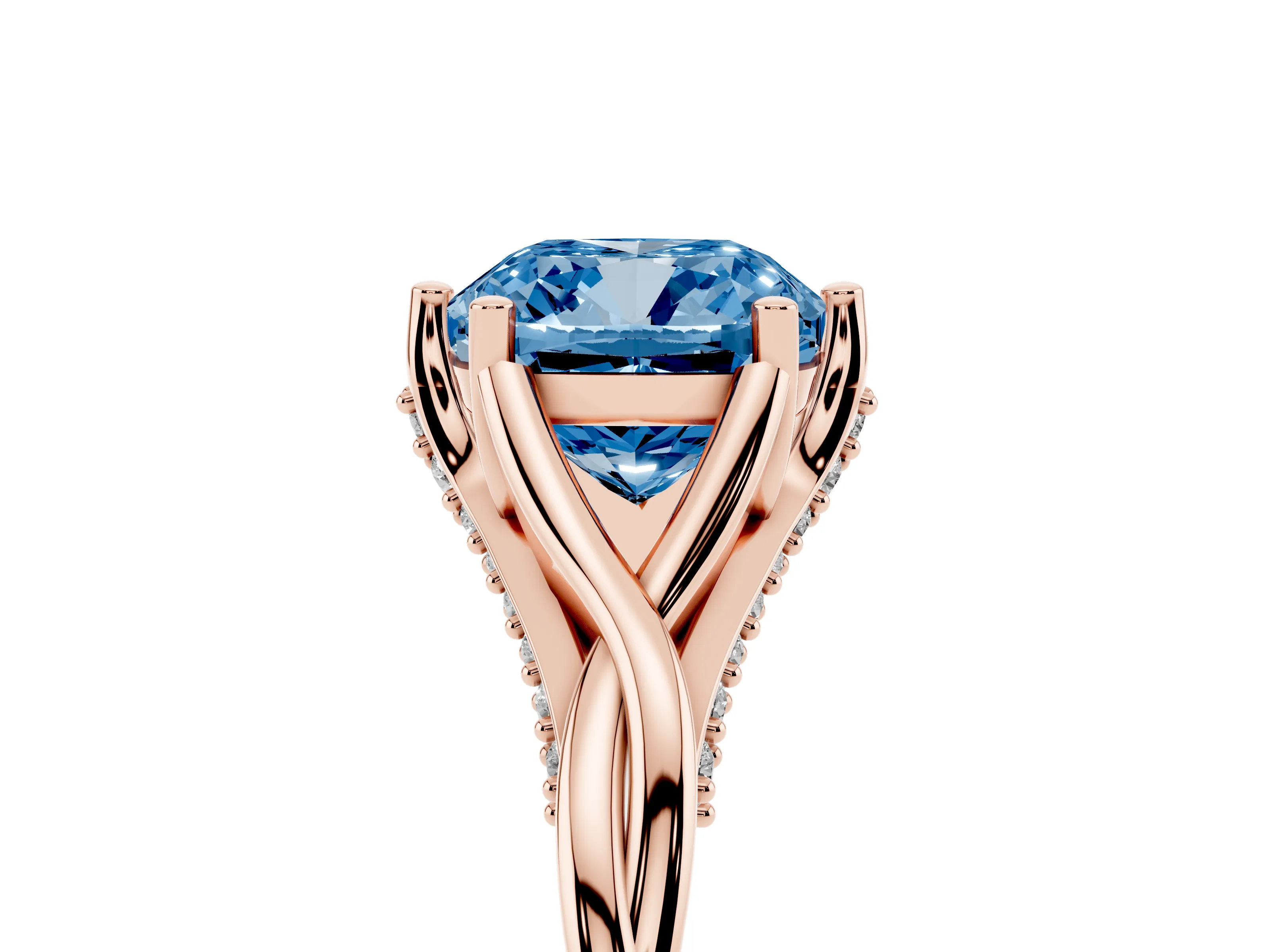 Fancy Blue Cushion Cut Diamond Intertwined Twist Band Solitaire Ring Set in Rose gold with Prong Setting