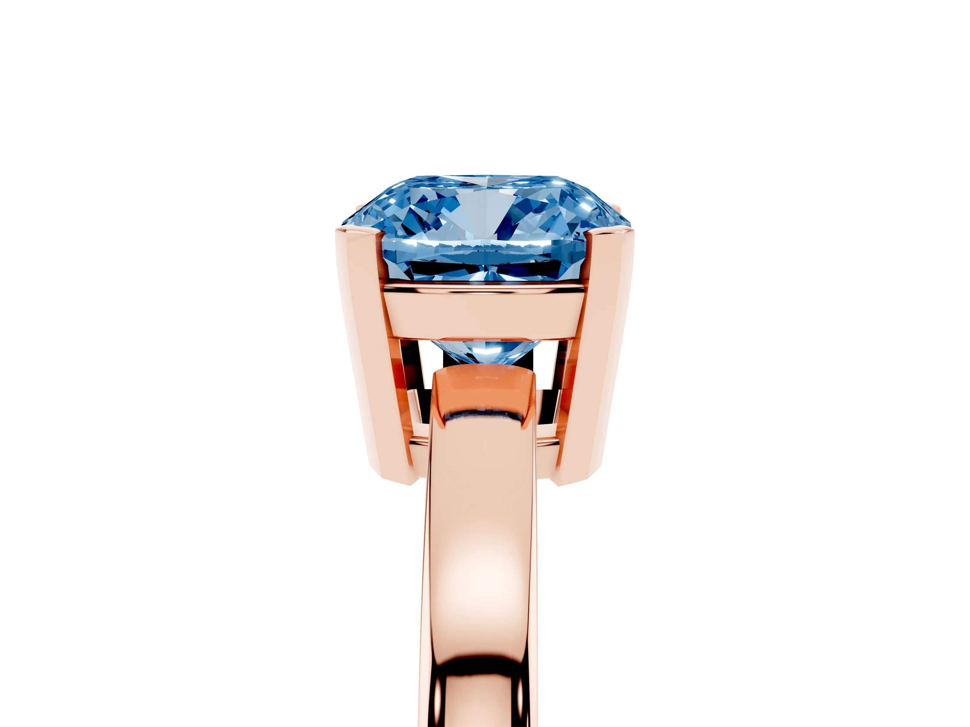 Fancy Blue Cushion Cut Diamond Solitaire Ring Set in Rose gold with Prong Head and Smooth Polished Band