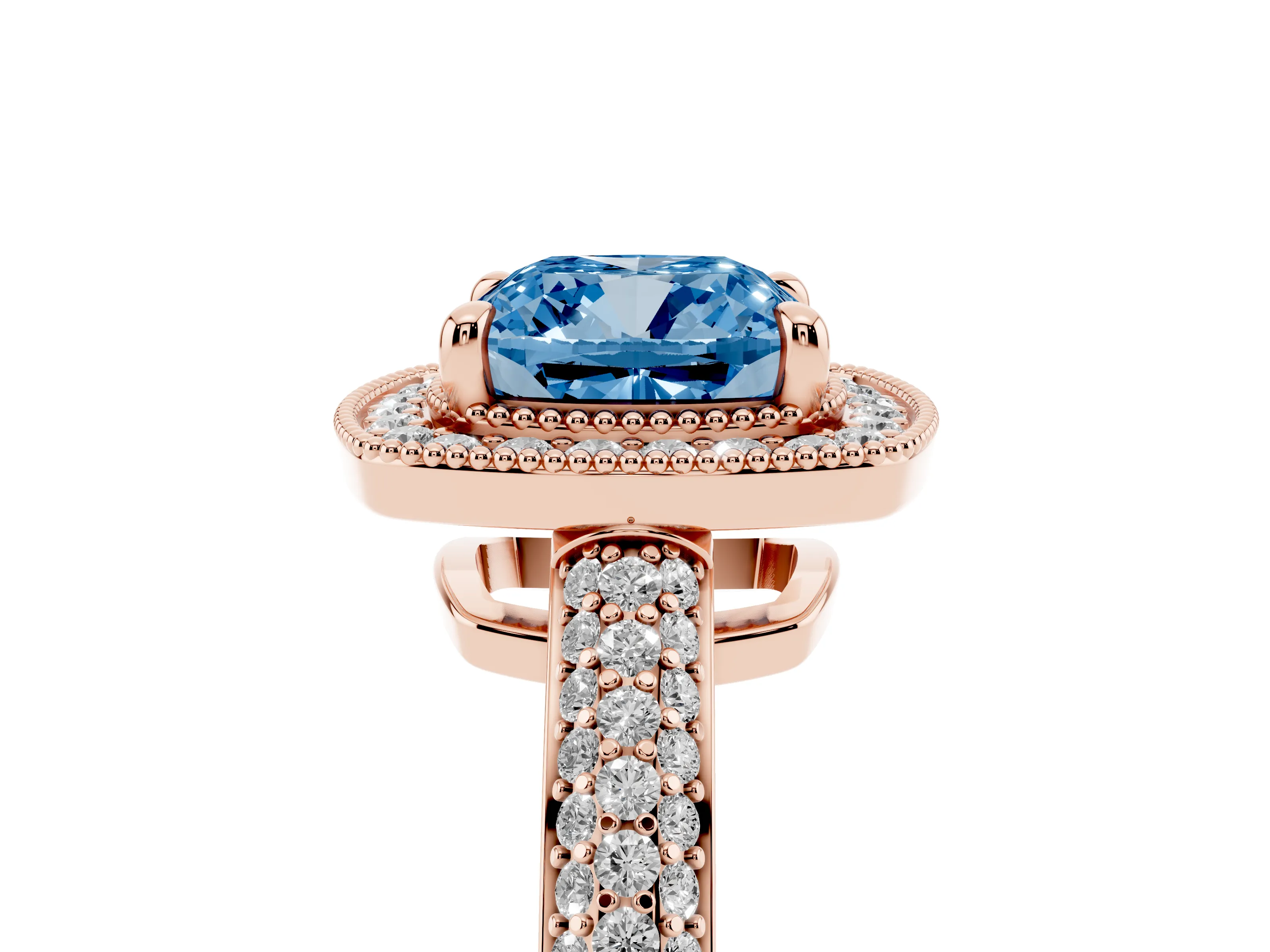 Fancy Blue Cushion Cut Diamond Halo Pavé Band Set in Rose gold with Prong Setting