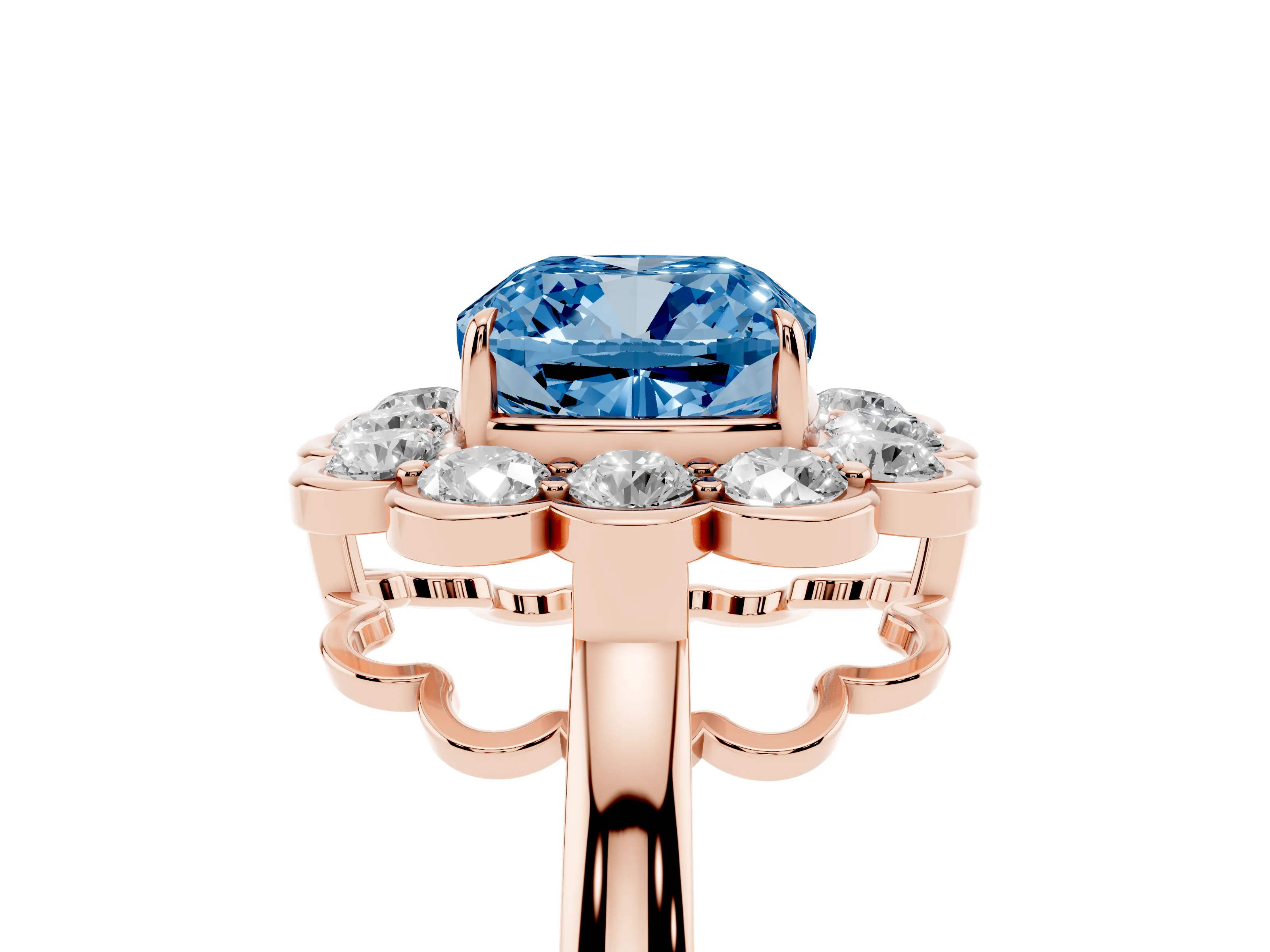 Fancy Blue Cushion Cut Diamond Halo Cluster Engagement Ring Set in Rose gold with Solitaire Band and Prong Setting