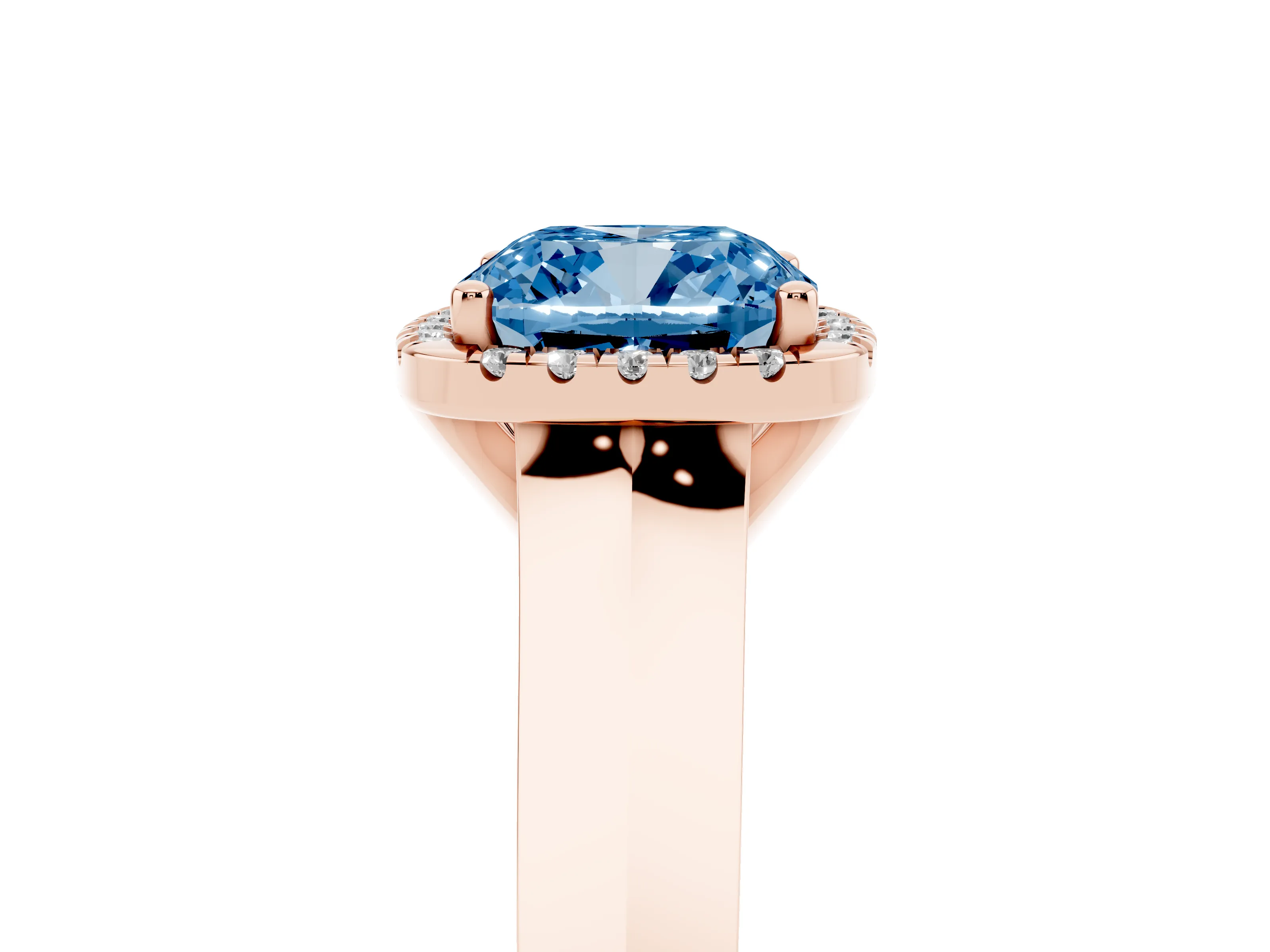Fancy Blue Cushion Cut Diamond Halo Ring Set in Rose gold with Cathedral Band and Prong Setting