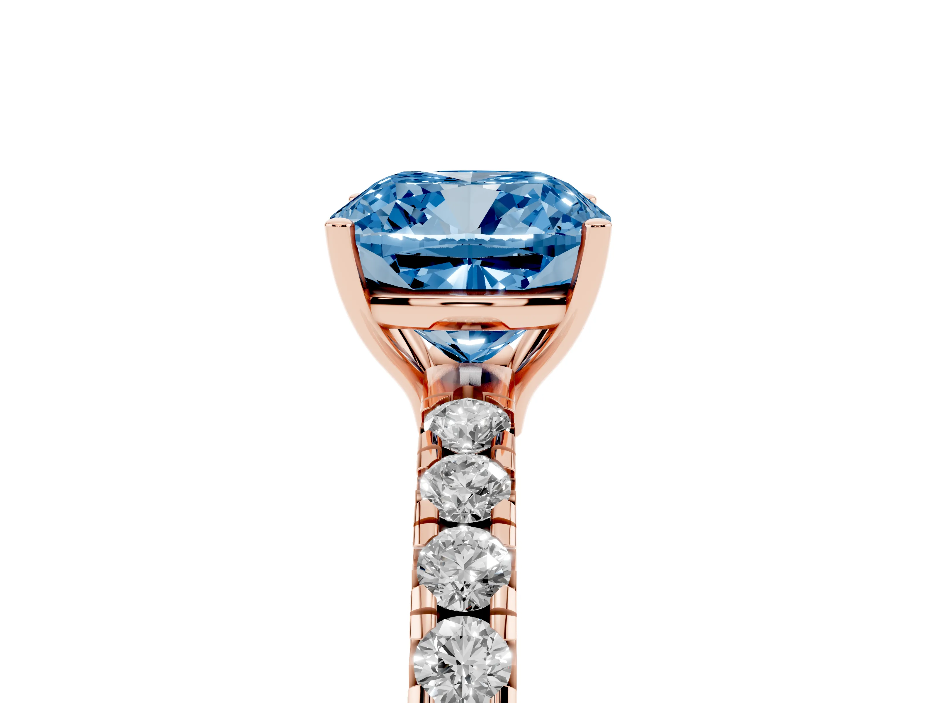Fancy Blue Cushion Cut Diamond Pavé Solitaire Engagement Ring Set in Rose gold with Prong Setting