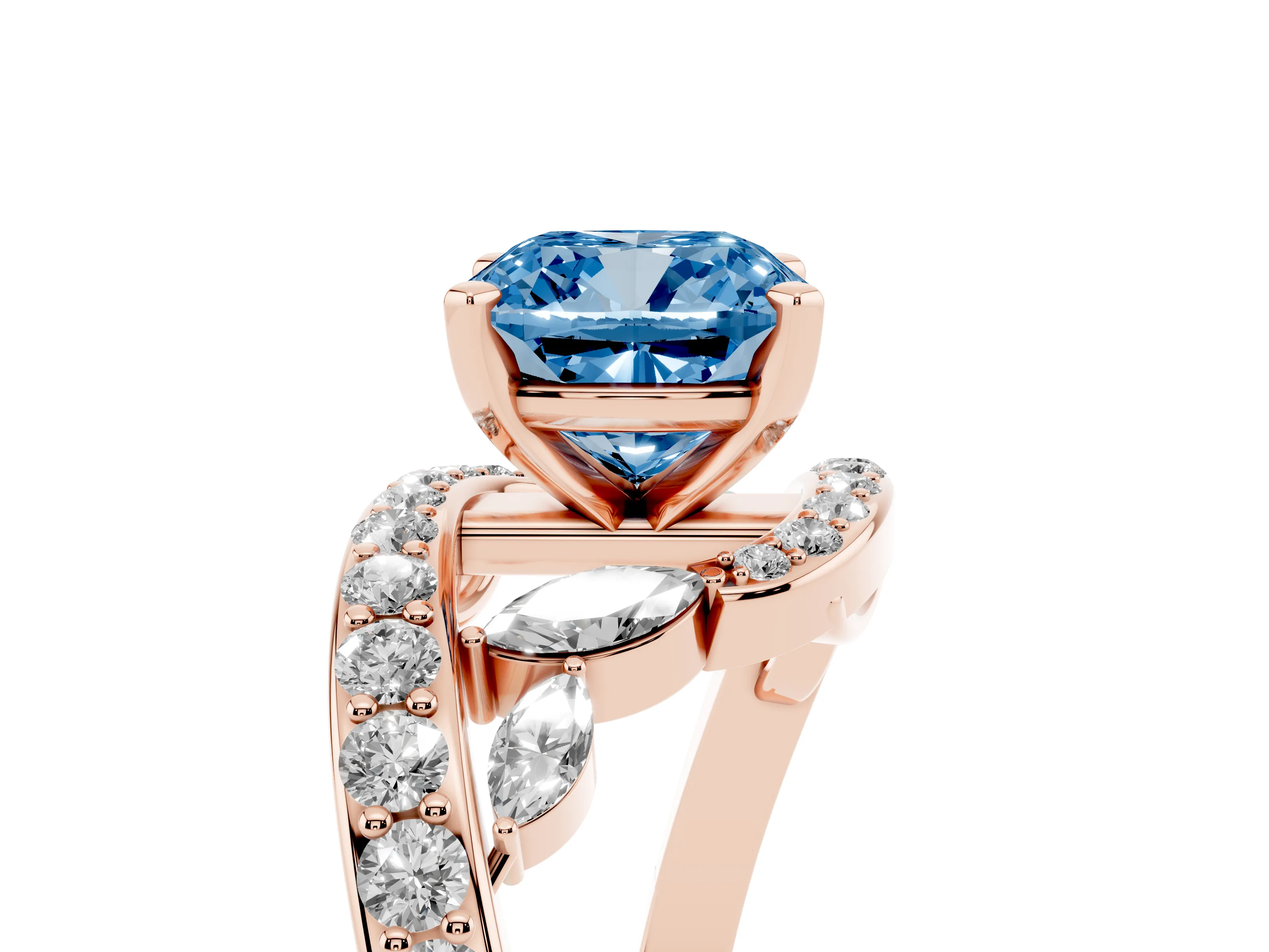 Fancy Blue Cushion Cut Diamond Solitaire Ring Set in Rose gold with Filigree Band and Prong Setting