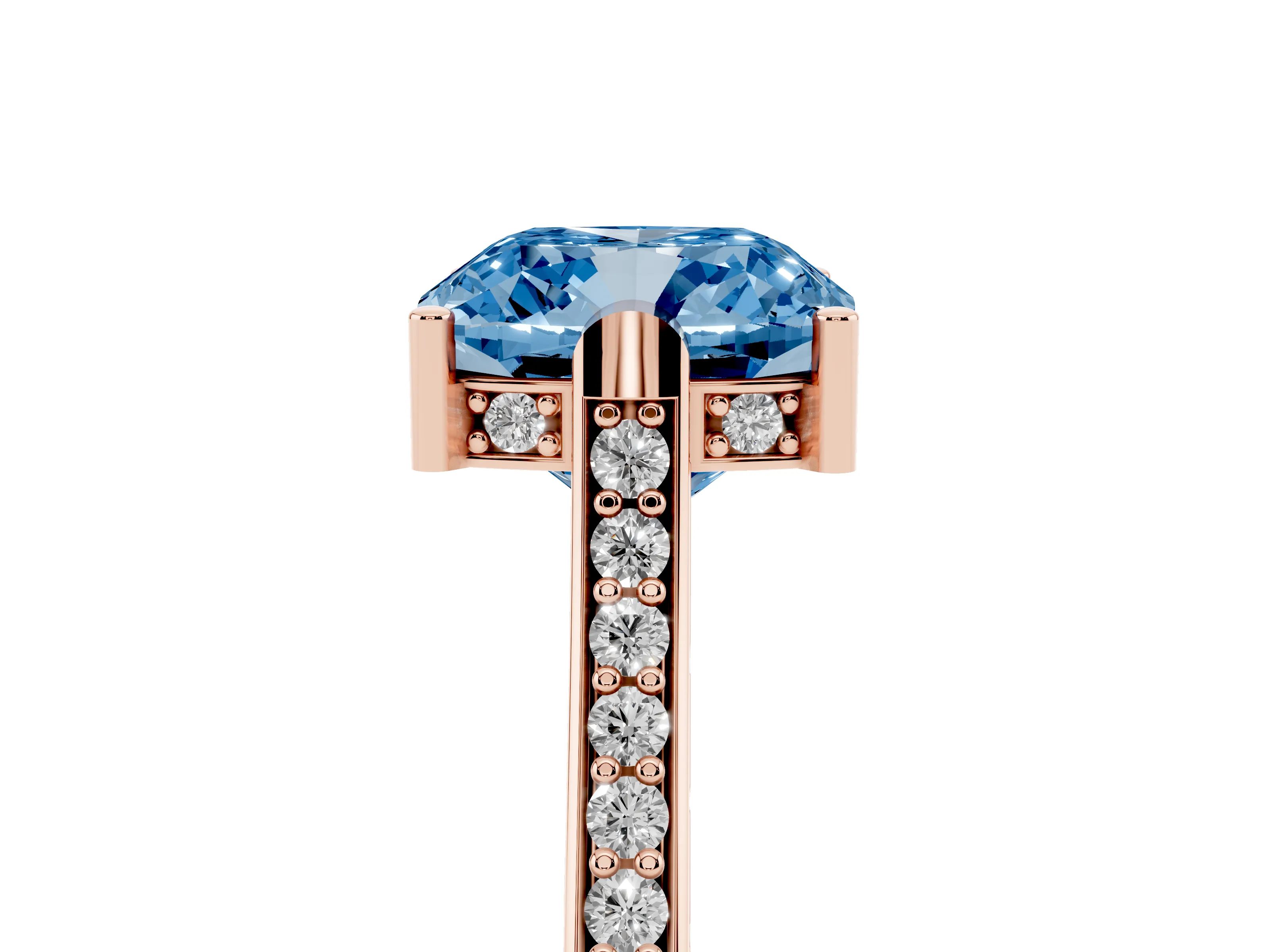 Fancy Blue Cushion Cut Diamond Solitaire Ring Set in Rose gold with Channel Set Band and Bezel Prong Setting